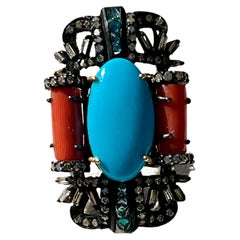 Oxidized Sterling Silver Turquoise, Coral and Diamond Ring