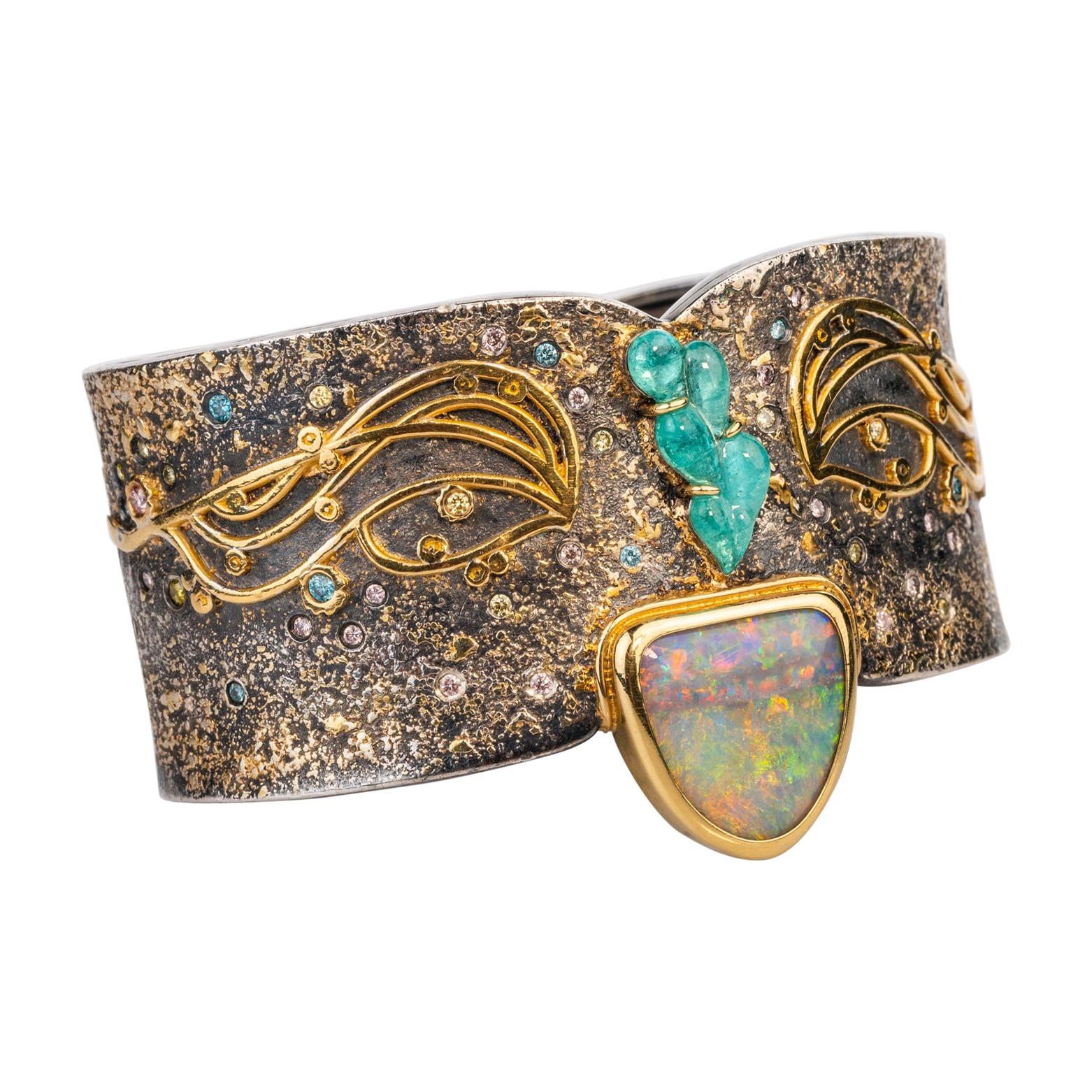Oxidized Sterling Silver with 18k, 22k and 24k "Klimt" Inspired Cuff Bracelet
