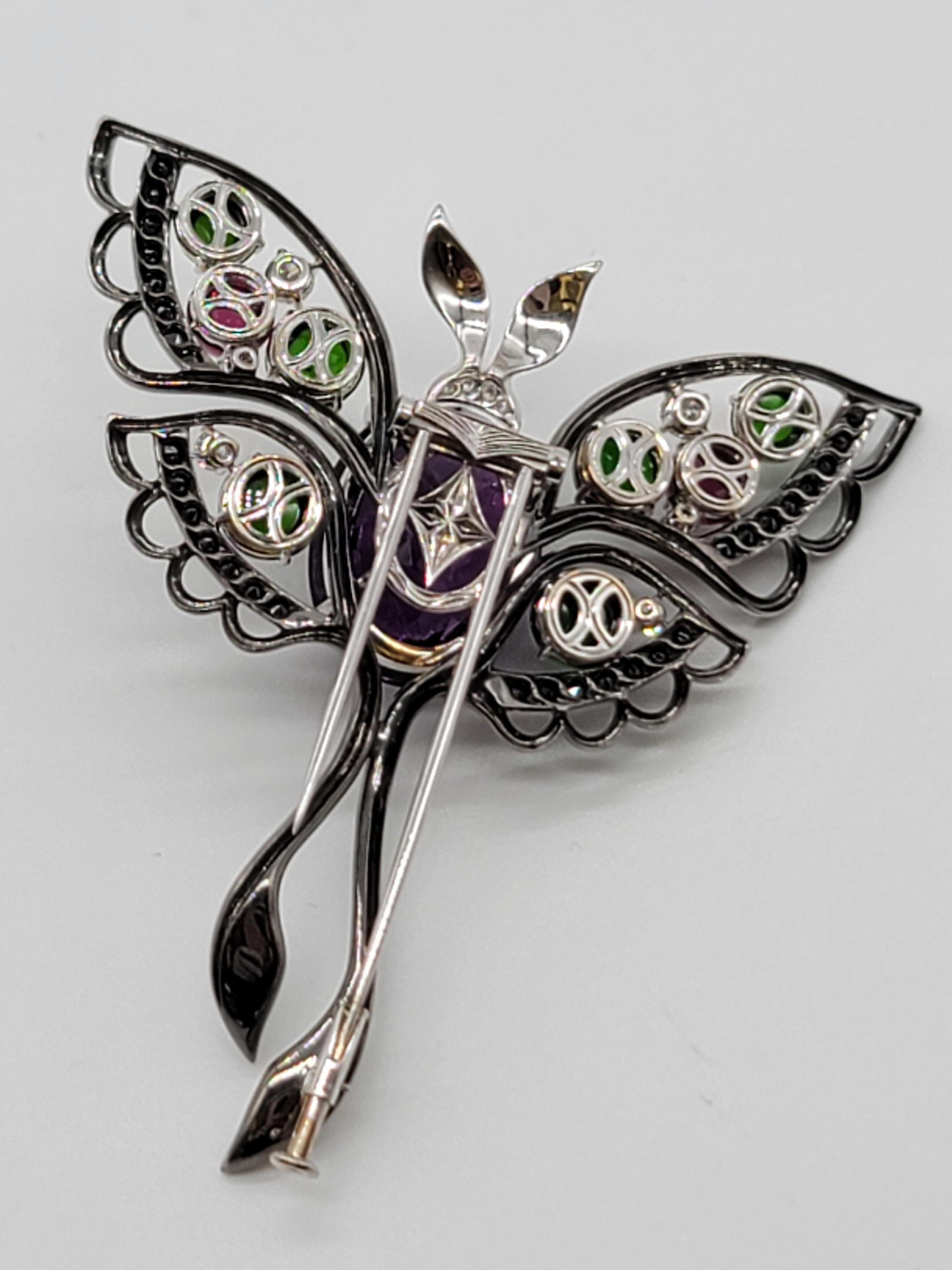 Cabochon Oxidized White Gold Multicolored Gemstone Butterfly Brooch For Sale