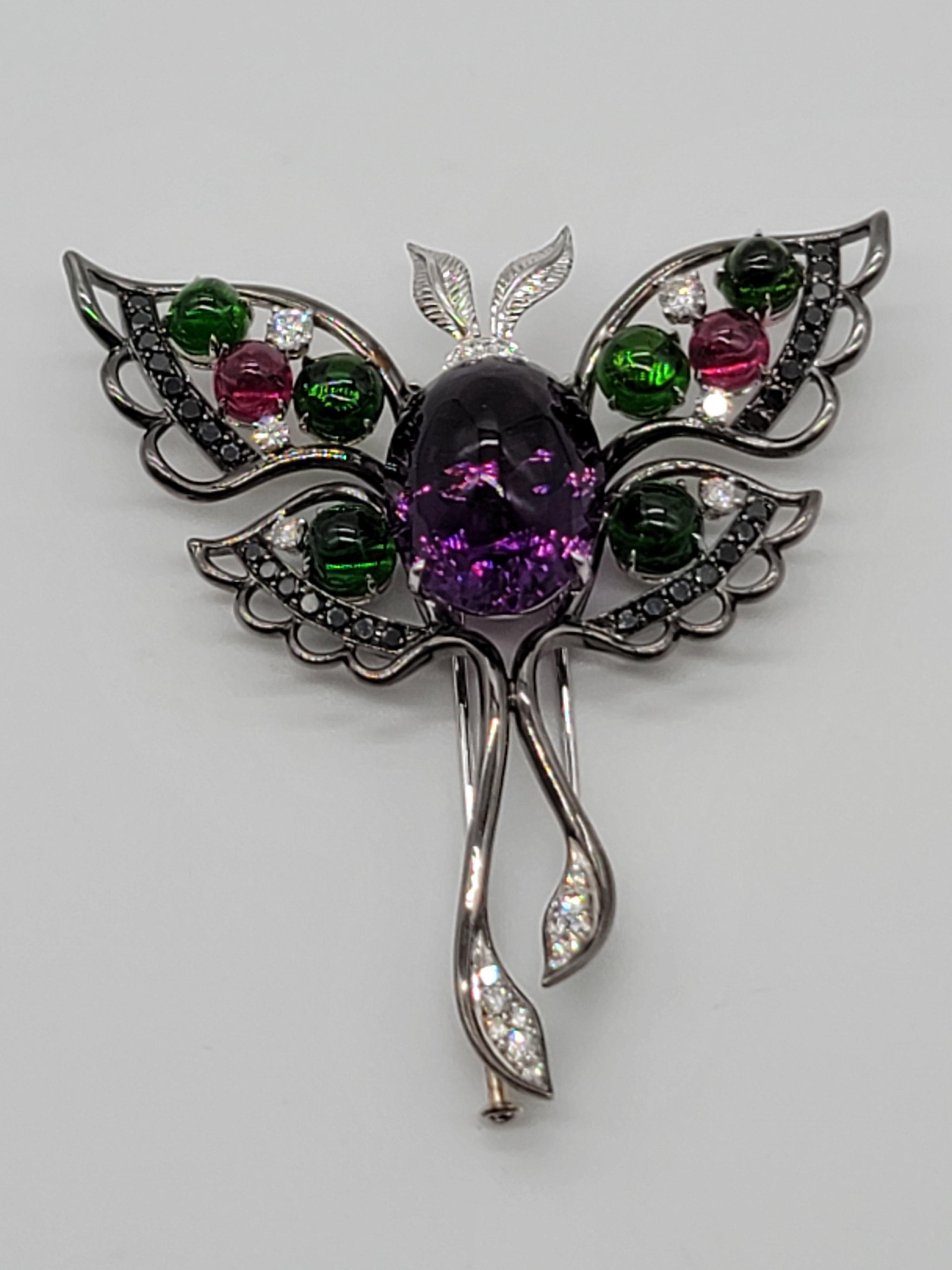 Oxidized White Gold Multicolored Gemstone Butterfly Brooch In New Condition For Sale In New York, NY
