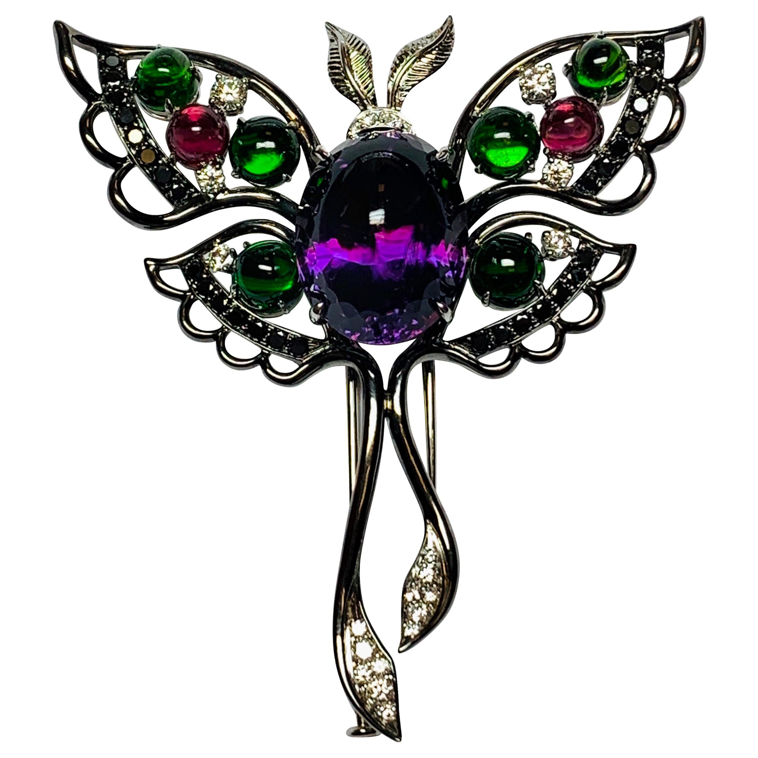 Oxidized White Gold Multicolored Gemstone Butterfly Brooch For Sale