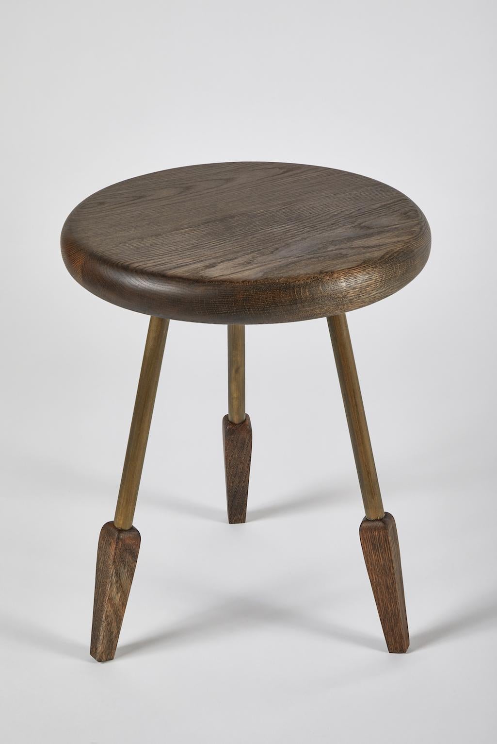 American Oxidized White Oak Rounded Edge, Brass Legs Milking Stool by Casey McCafferty For Sale