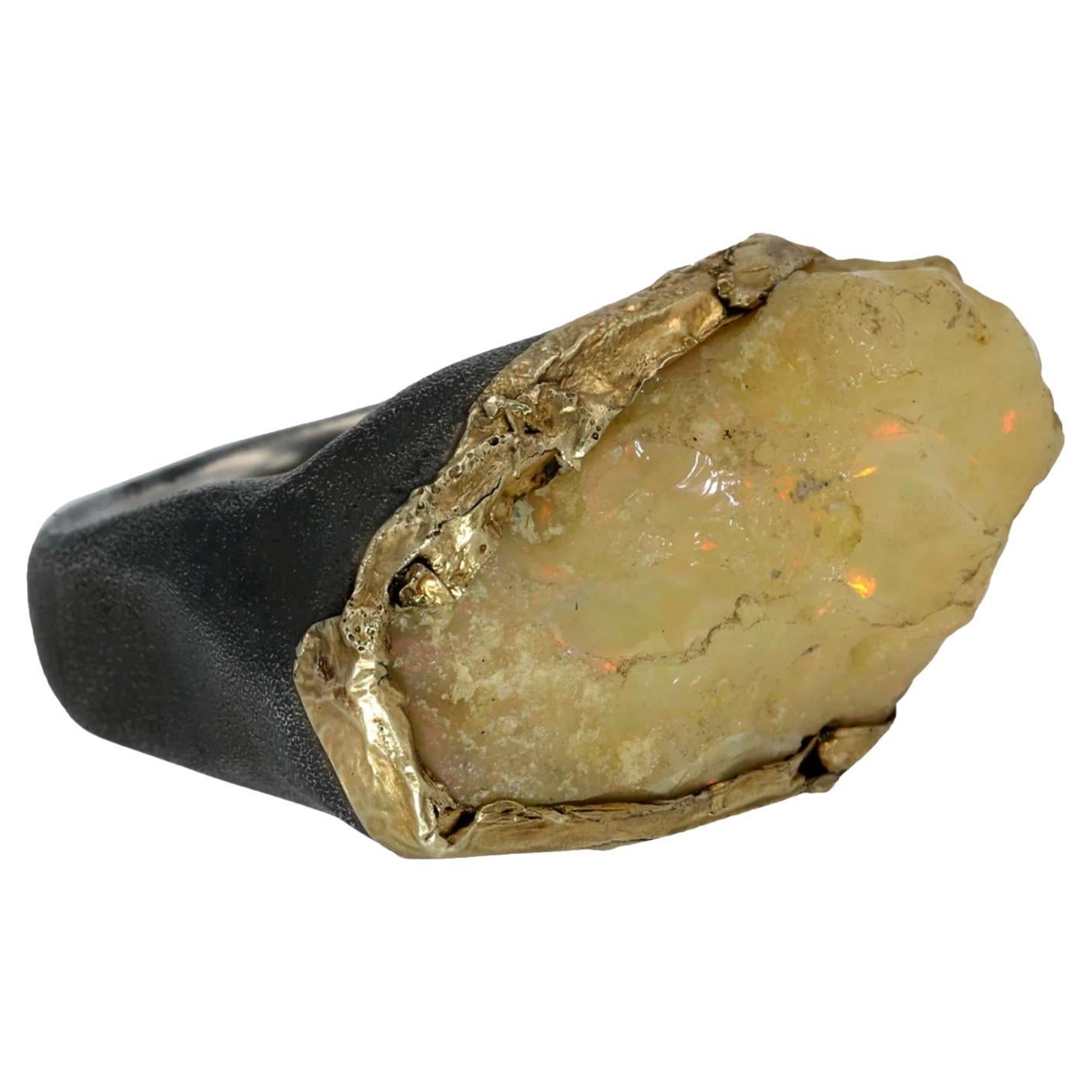 OxidizedSterling Silver & 18K Yellow Gold Ring by Bora with Raw Ethiopian Opal For Sale