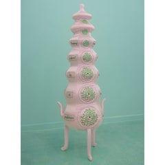 "Oxytocin" Hand-Embroidered Pink and Green Silk Drawer Cabinet