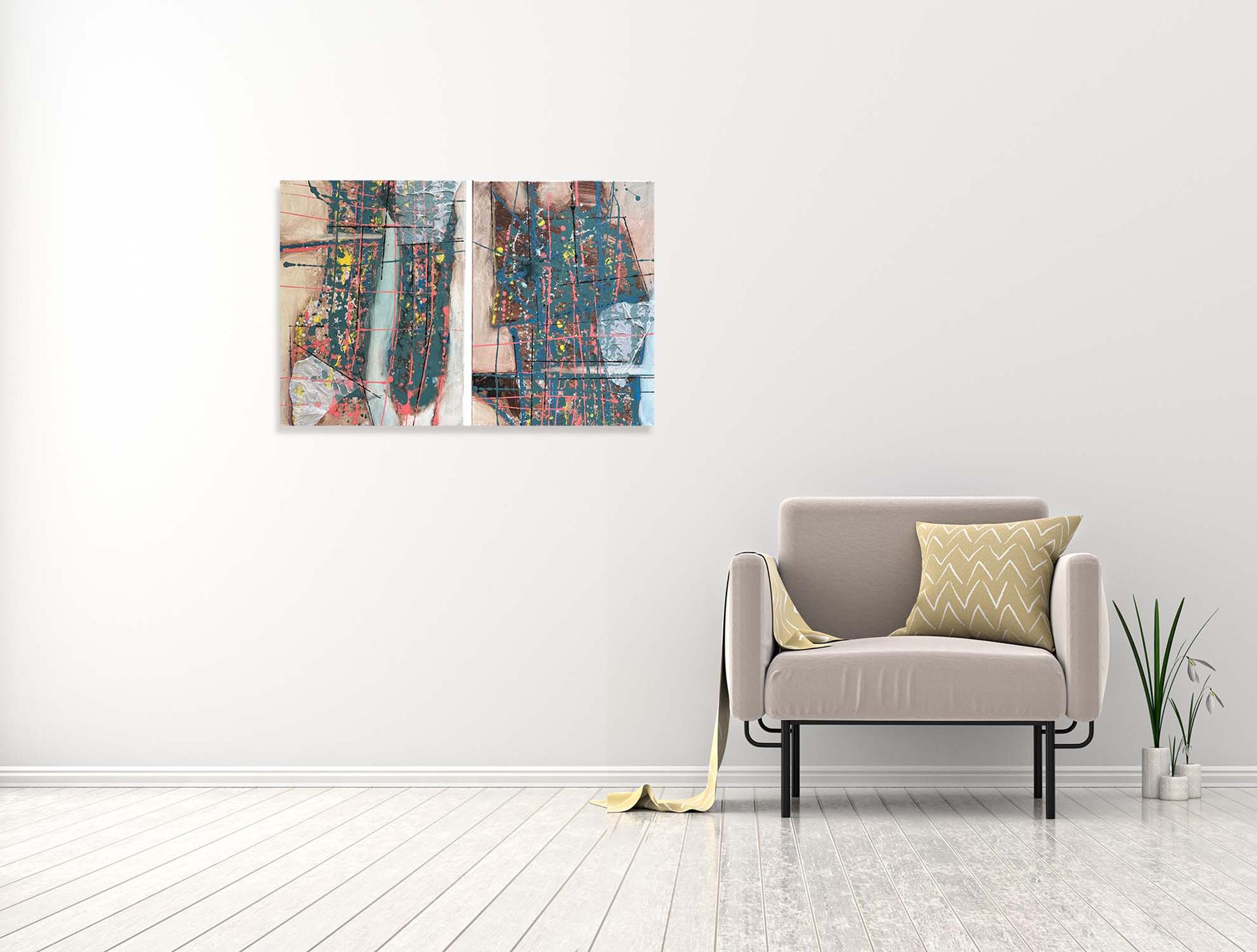 Connected (Diptych) - Oya Bolgun - Abstract Painting - Mixed Media For Sale 1