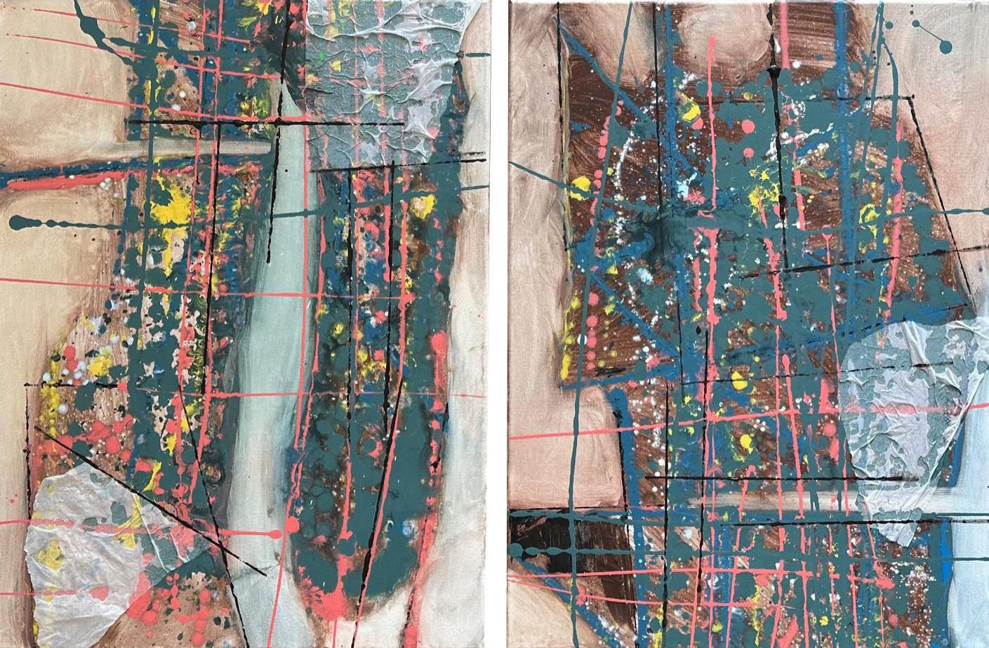 Connected (Diptych) - Oya Bolgun - Abstract Painting - Mixed Media