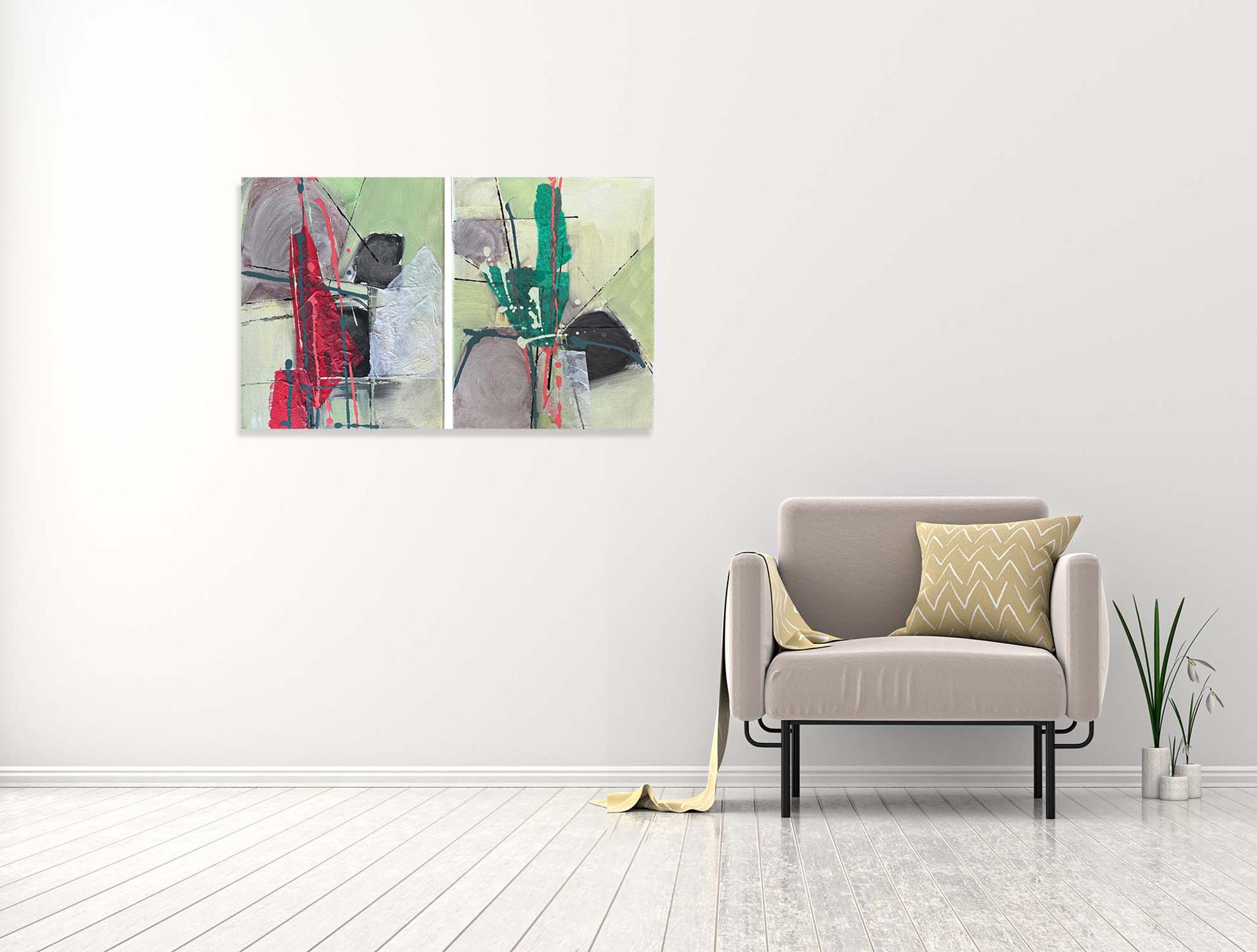Here And There (Diptych) - Oya Bolgun -Abstract Painting - Mixed Media For Sale 1