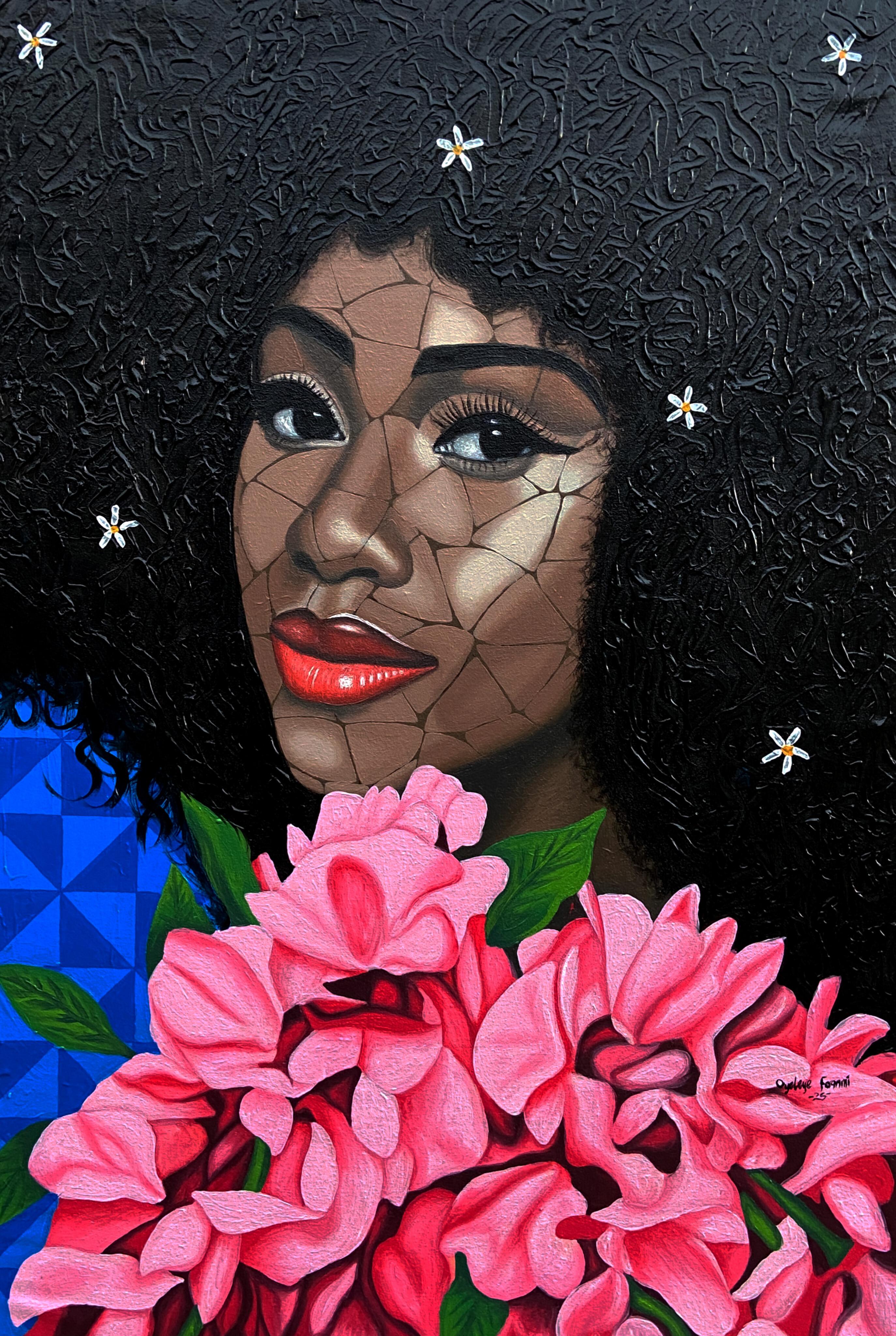 Oyeleye Feranmi Portrait Painting - Beauty and Essence -21st Century, Contemporary, Figurative Portrait Floral Women
