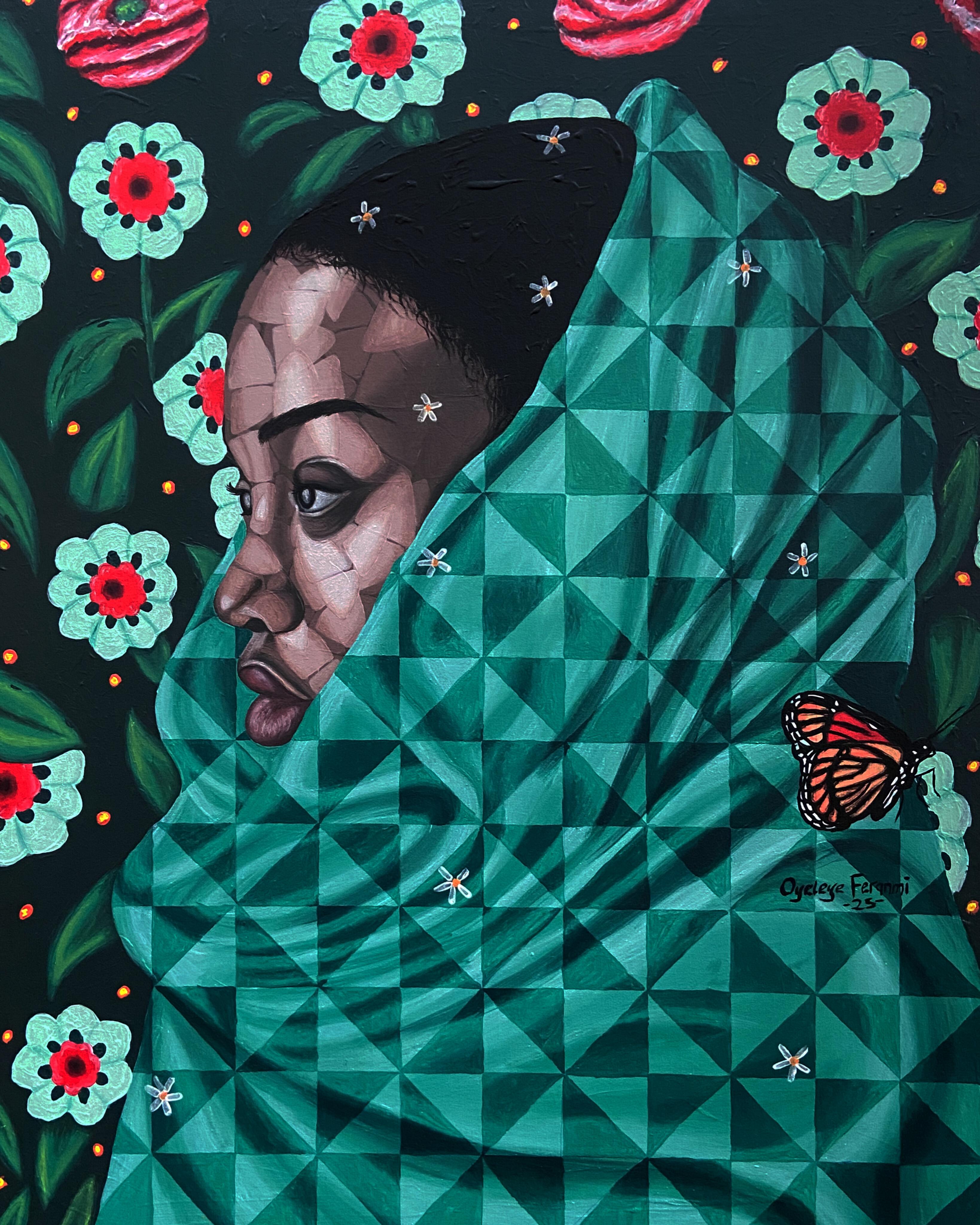 Portrait Painting di Oyeleye Feranmi - Abbraccia la Nature 4 - XXI secolo, Contemporaneo, Ritratto figurativo floreale, Donna