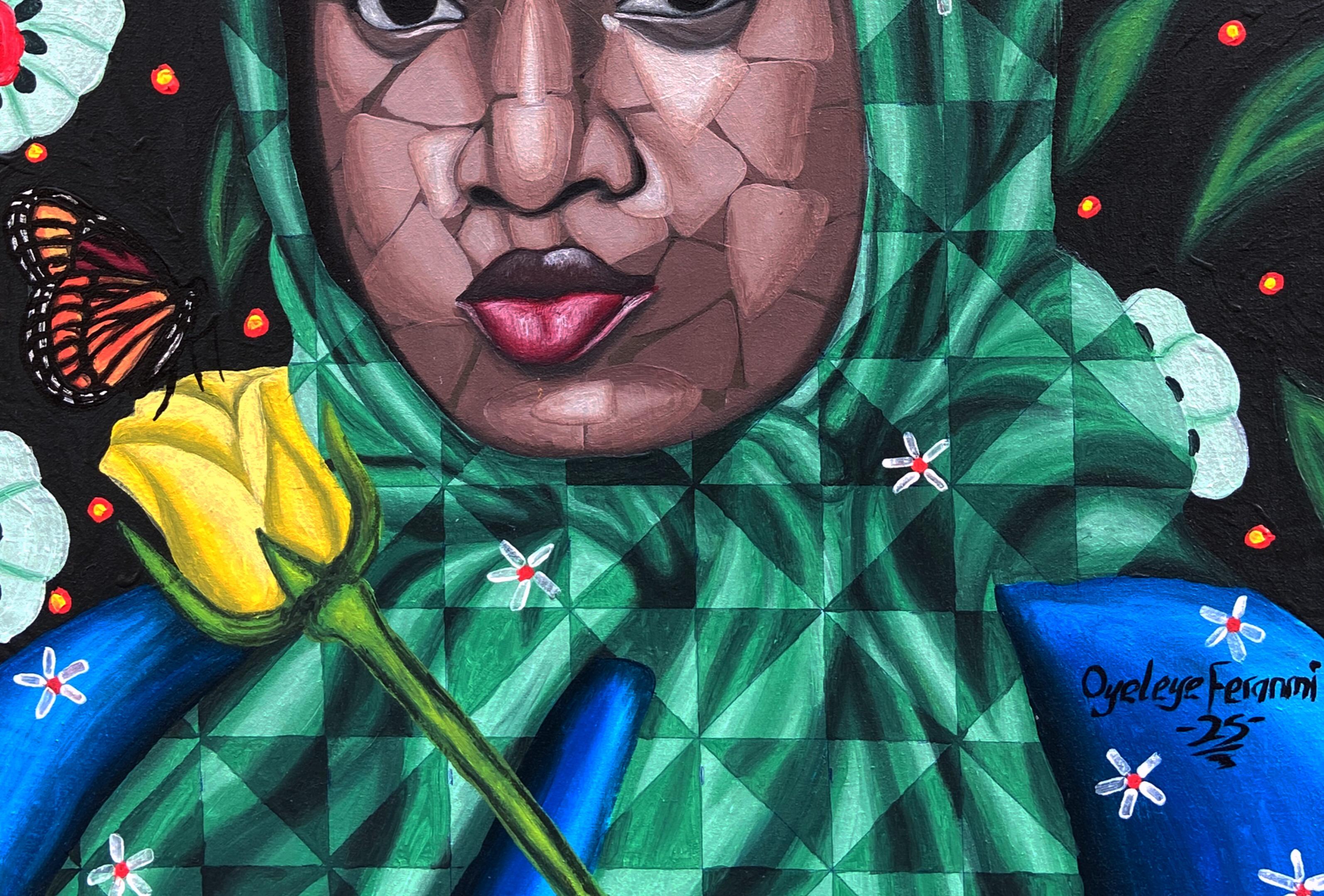 Abraza la Naturaleza 5 - Siglo XXI, Contemporáneo, Retrato Figurativo Floral, Mujer - Figurative Painting Azul de Oyeleye Feranmi
