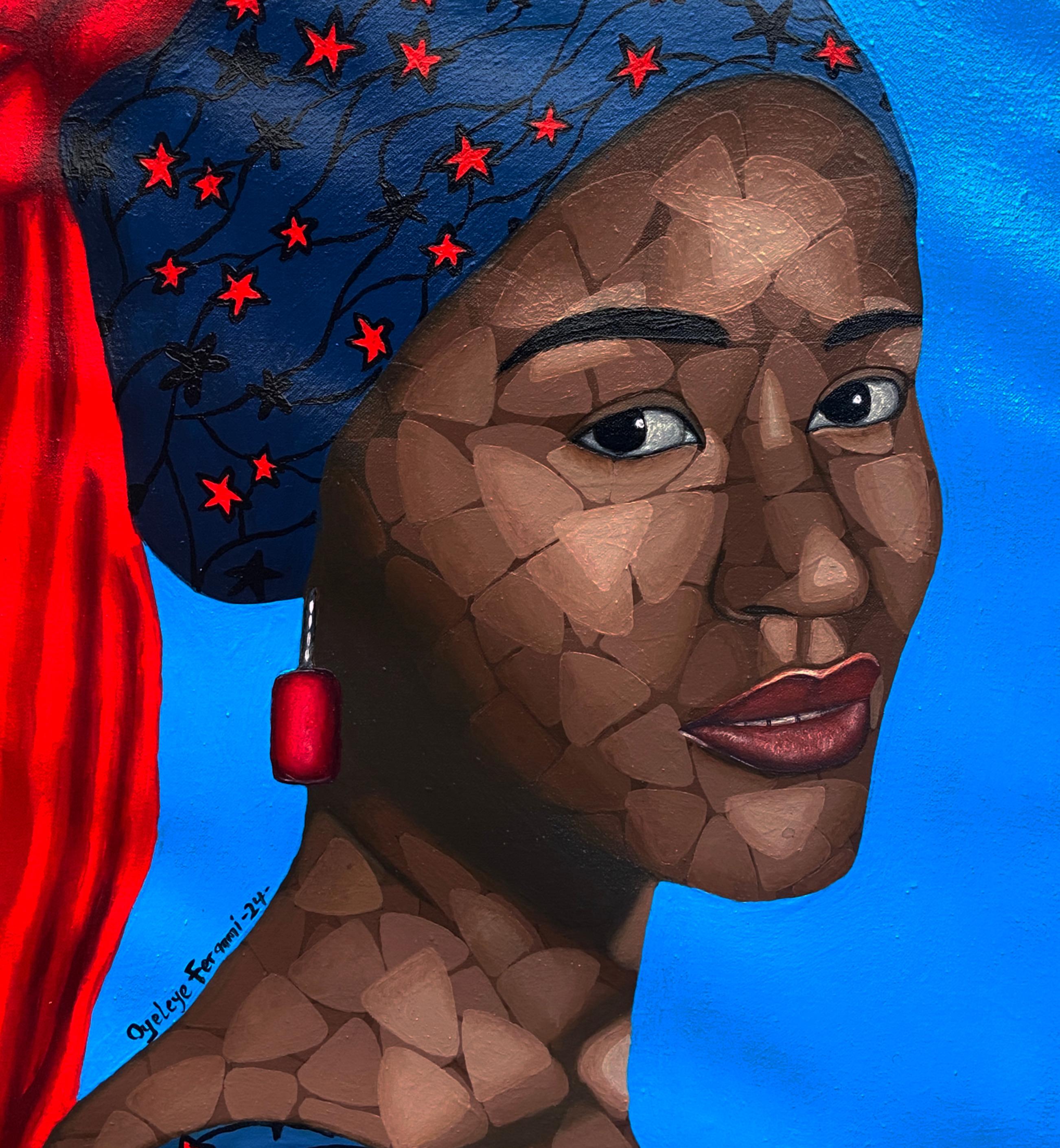This artwork is a wonderful portrait of grace and elegance, capturing the essence of boundless beauty and uniqueness of cultural heritage. The subject, a stunning black Yoruba girl is adorned in her cultural apparel (Ankara) which is also graced