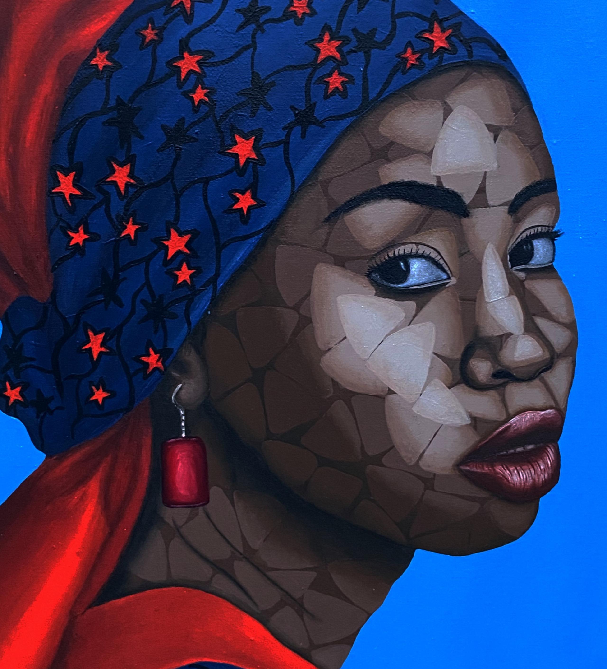Esta obra de arte es un maravilloso retrato de gracia y elegancia, que capta la esencia de la belleza sin límites y la singularidad del patrimonio cultural. El sujeto, una despampanante muchacha yoruba negra, está ataviada con su atuendo cultural