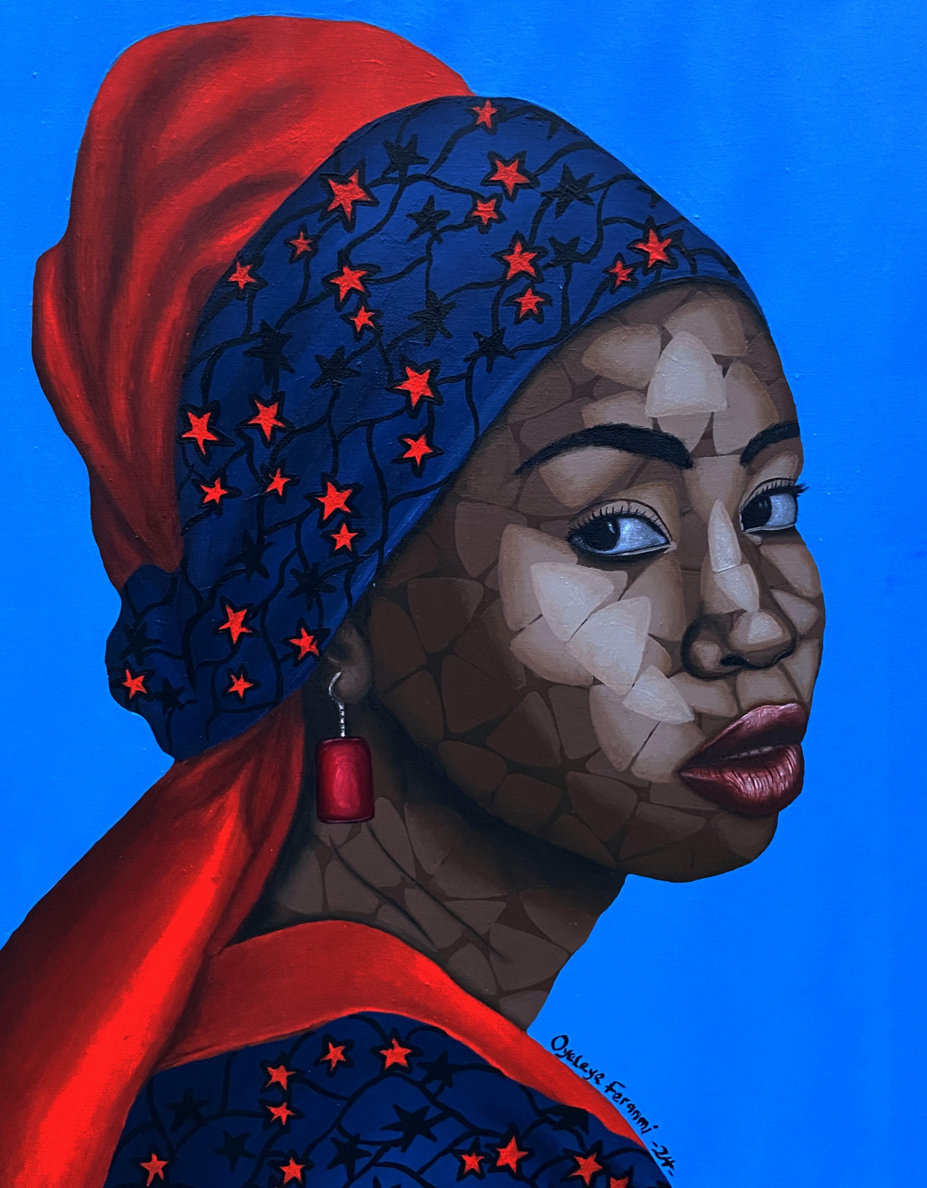 Portrait Painting de Oyeleye Feranmi - Chica en su cuenta cultural 3 - Siglo XXI, Contemporáneo, Figurativo, Mujer