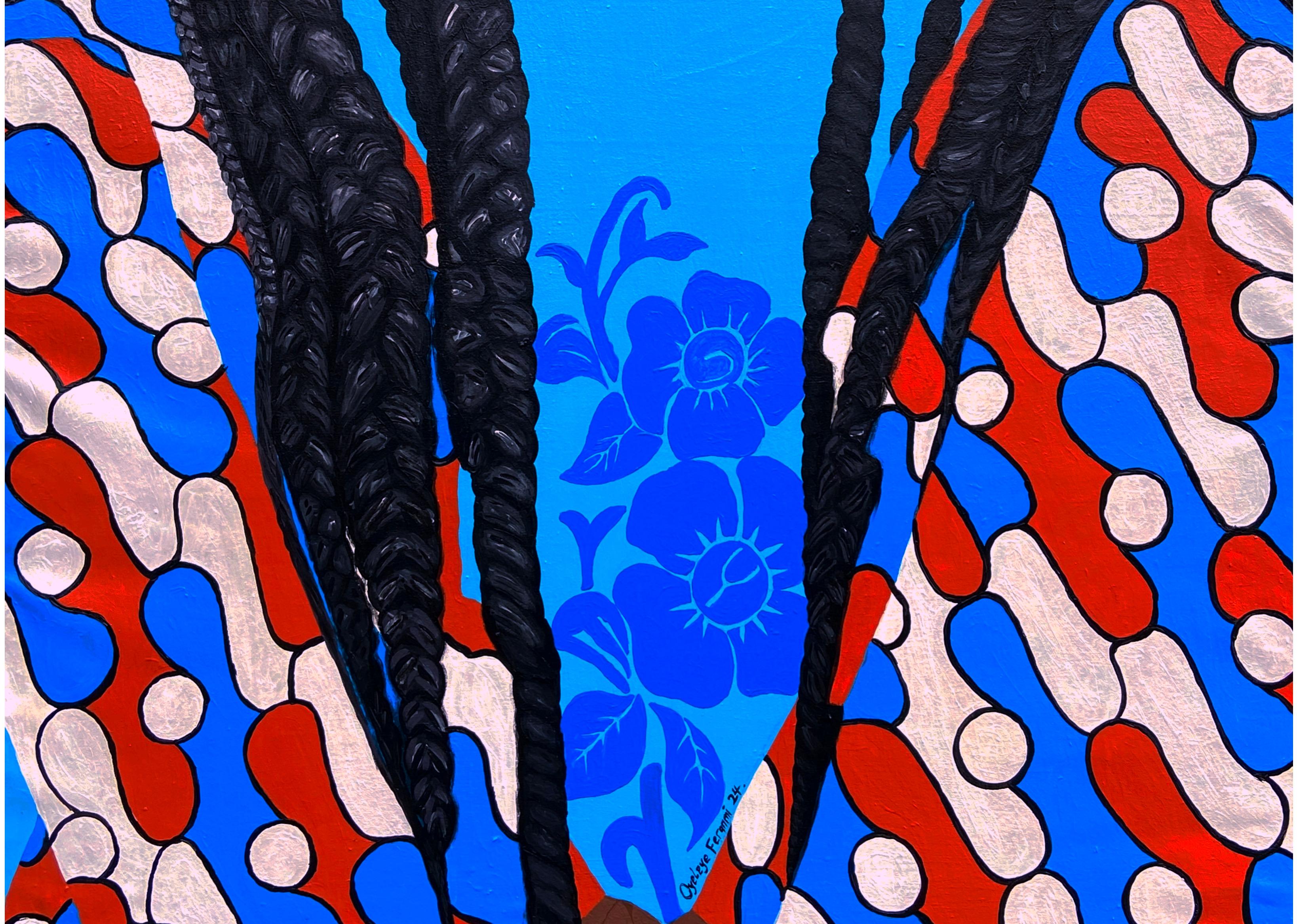 Sisterhood 2 (Love and Strength) - 21st Century, Contemporary, Figurative, Love - Blue Portrait Painting by Oyeleye Feranmi
