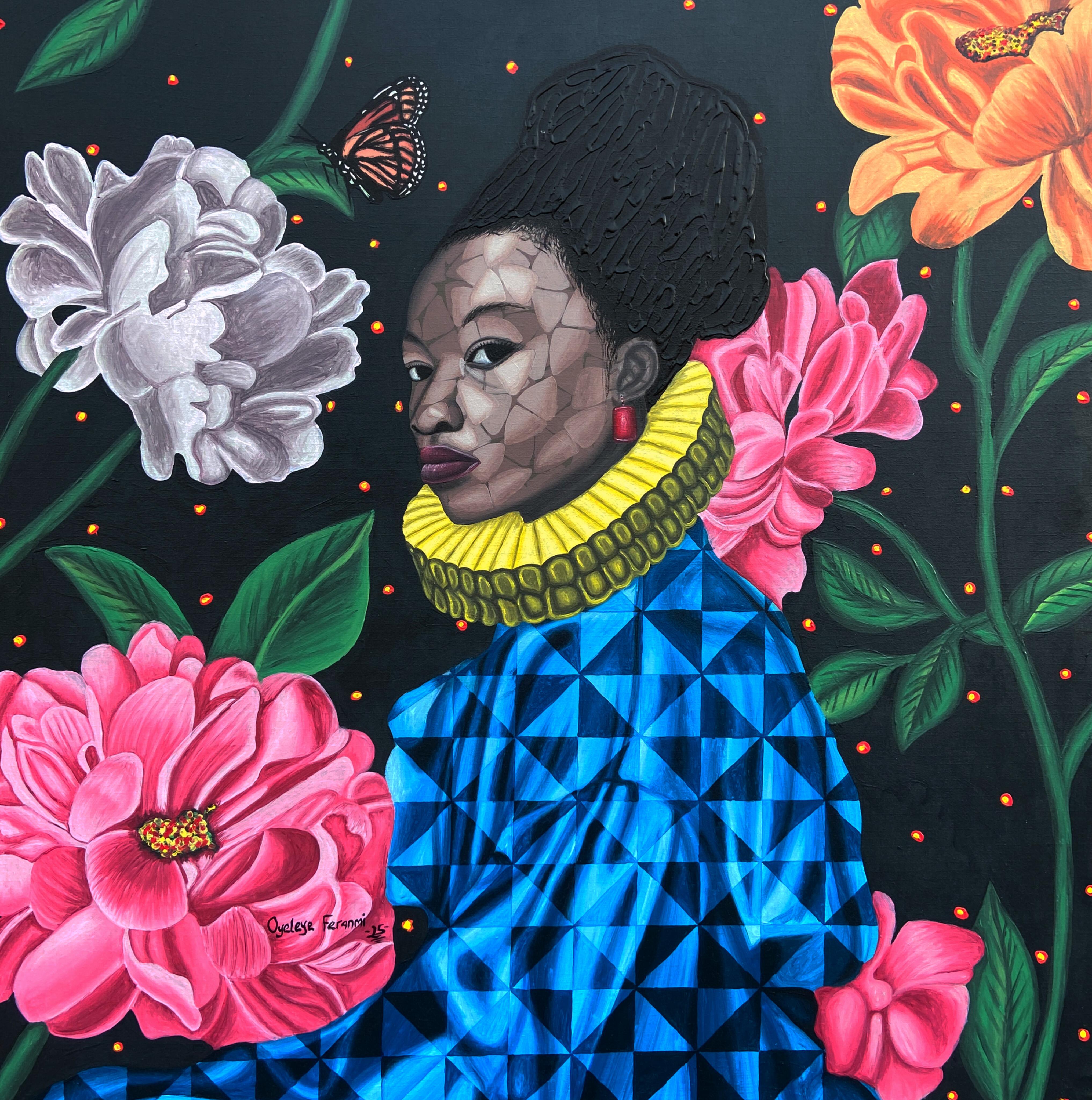 Figurative Painting de Oyeleye Feranmi - Esplendor 2 -Siglo XXI, Contemporáneo, Retrato Figurativo Floral, África Mujeres