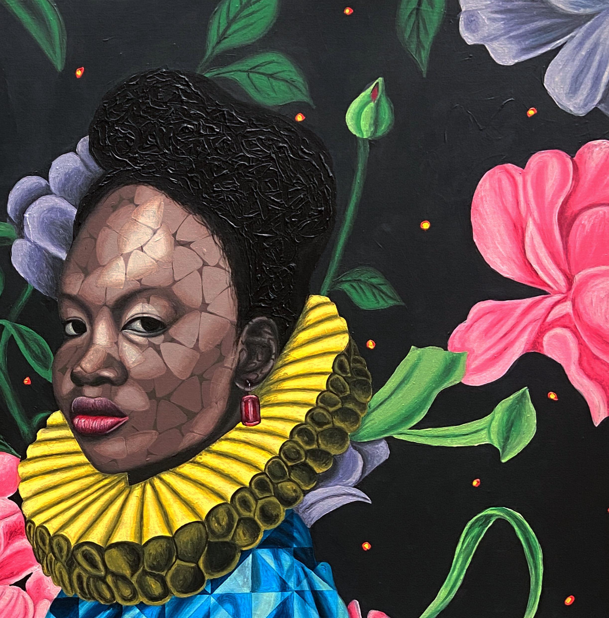 Esplendor - Siglo XXI, Contemporáneo, Retrato Figurativo, Floral, África Mujeres - Portrait Painting Negro de Oyeleye Feranmi