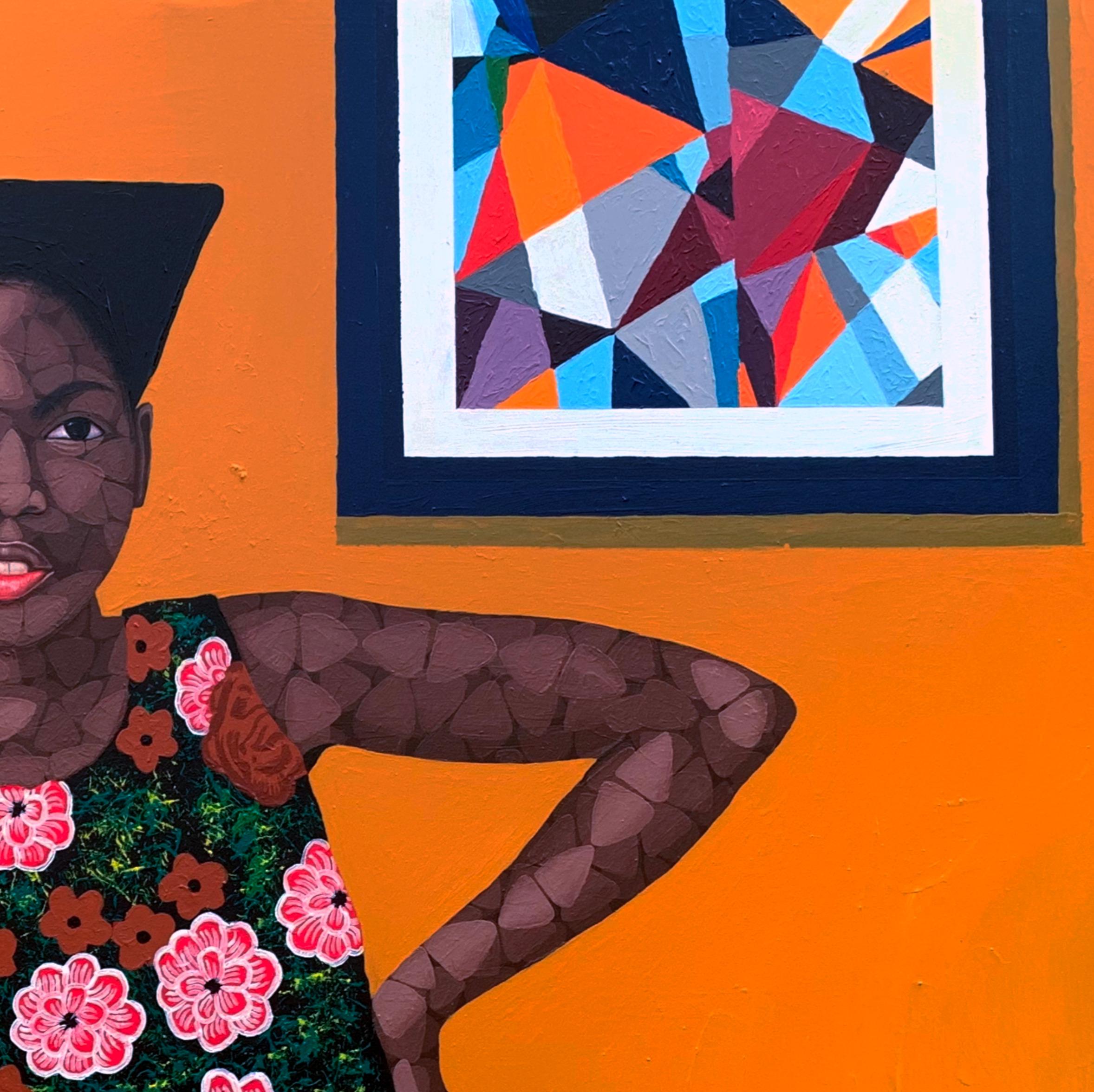 State of Mind - 21st Century, Contemporary, Figurative Portrait, Africa, Women - Orange Figurative Painting by Oyeleye Feranmi