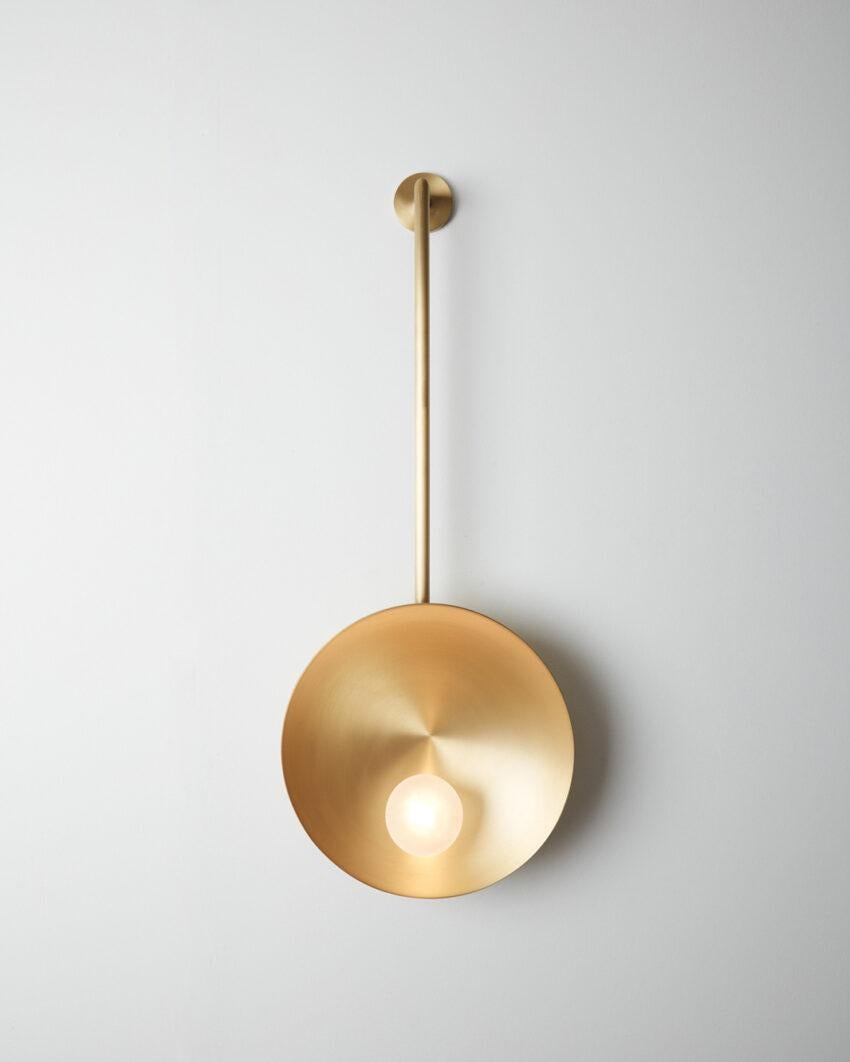 Elegant Handcrafted Brushed Brass Oyster Wall Mounted Lamp With Rod by Carla Baz For Sale 4