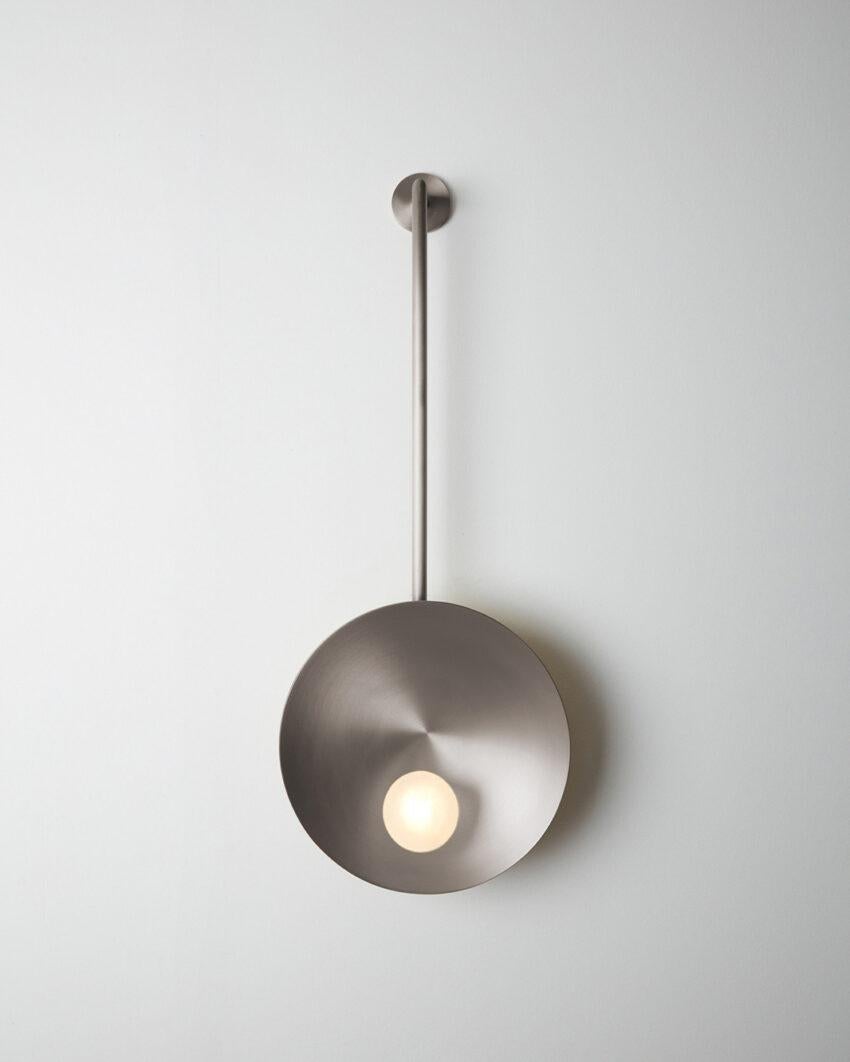 Modern Brushed Stainless Steel Oyster Wall Mounted Lamp With Rod by Carla Baz
Dimensions: D 9 x W 30 x H 78 cm.
Materials: Stainless steel.
Weight: 2 kg.

Available in Brushed Brass, Brushed Bronze, Brushed
Copper, Brushed Stainless Steel, Verdigris