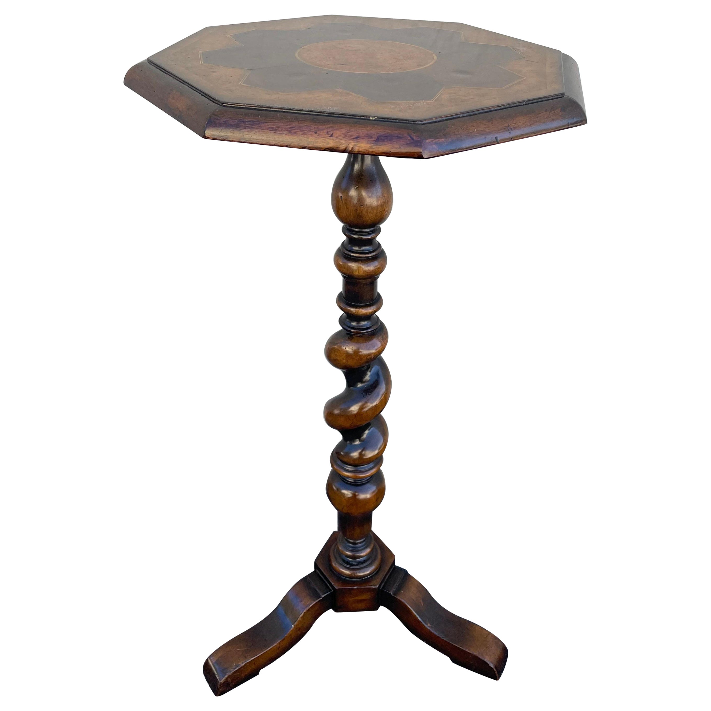 Oyster & Burlwood Inlaid Barley Twist Tripod Side / Drinks Table