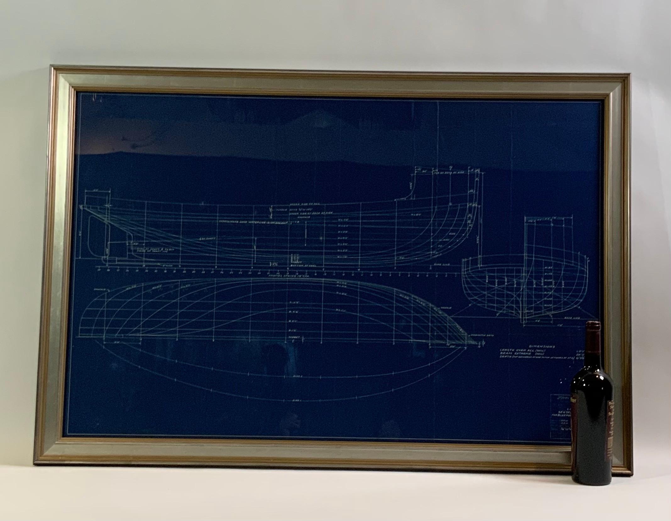 Original blueprint showing the lines drawing for a sixth two foot oyster dredger built for Blueprints Company Incorporated. Plan is by John G Alden Naval Architects and is one half inch equals one foot scale. Plan shows all hull lines in great