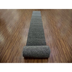 Oyster Gray Hand Knotted Undyed Wool Modern Grass Design XL Runner Oriental Rug