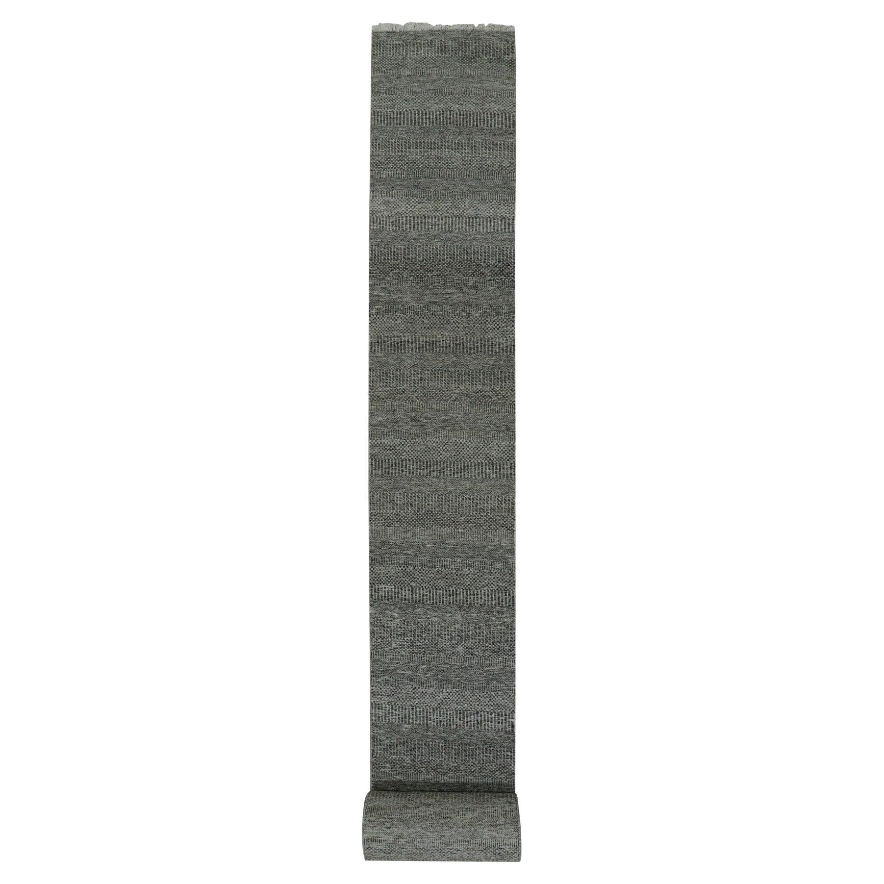 Oyster Gray Hand Knotted Undyed Wool Modern Grass Design XL Runner Oriental Rug