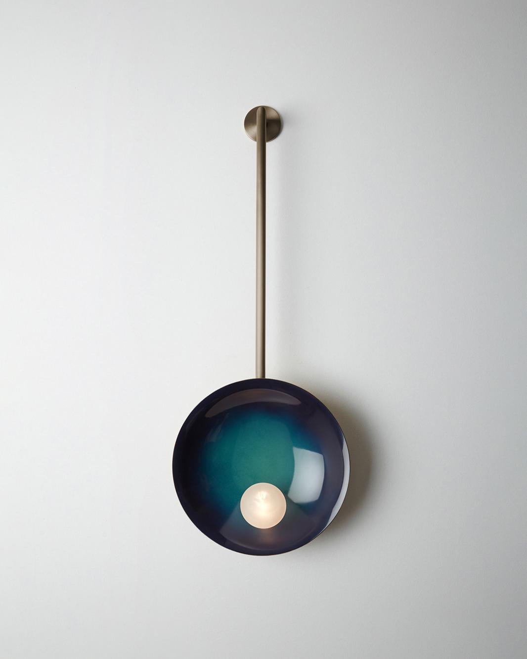 Oyster Midnight Blue and Brushed Bronze Wall Mounted Lamp With Rod by Carla Baz
Dimensions: D 9 x W 30 x H 78 cm.
Materials: Brushed bronze.
Weight: 2 kg.

Available in verdigris, brushed brass, stainless steel, copper or bronze finishes. Available