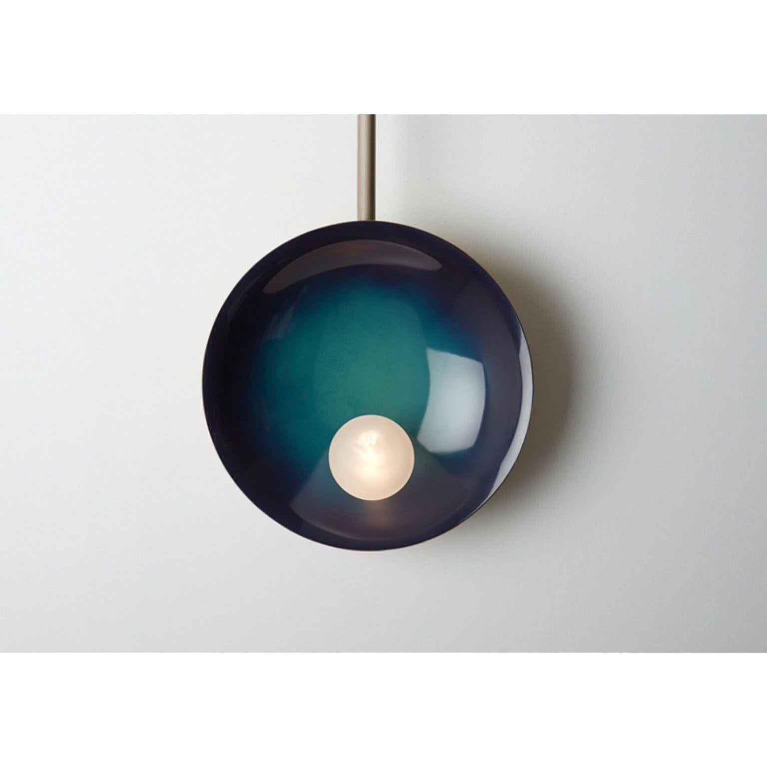 Post-Modern Oyster Midnight Blue and Brushed Bronze Wall Mounted Lamp With Rod by Carla Baz For Sale