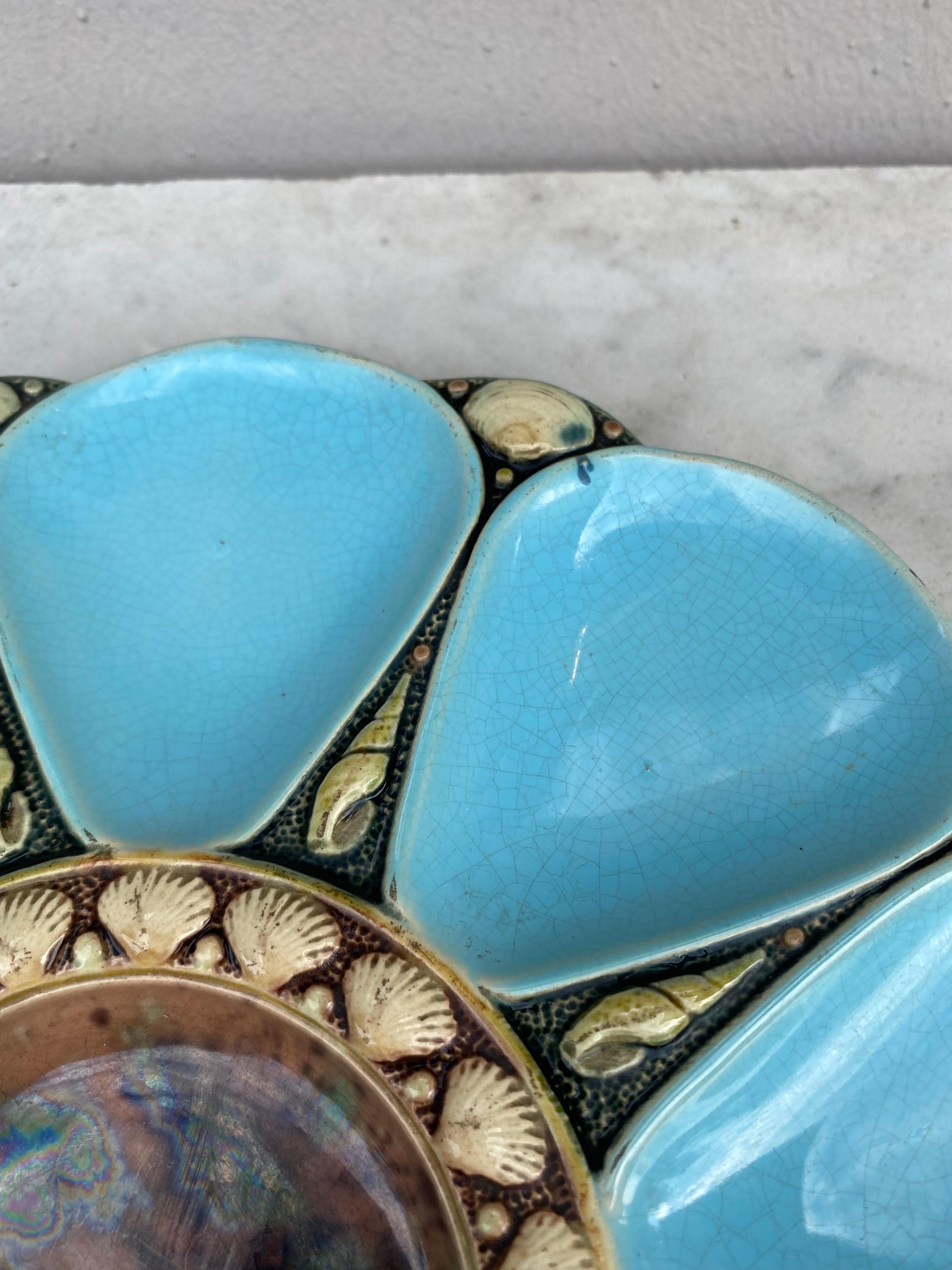 French 19th Century Majolica Aqua Oyster Plate Minton For Sale