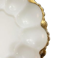 Oyster or Egg White Round Milk Glass Oyster or Egg Serving Dish with Gold Detail