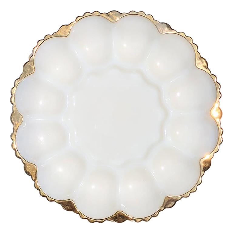 Oyster or Egg White Round Milk Glass Oyster or Egg Serving Dish with Gold Detail