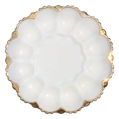Oyster or Egg White Round Milk Glass Oyster or Egg Serving Dish with Gold Detail