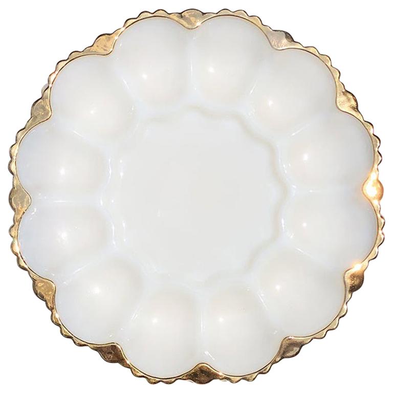 Oyster or Egg White Round Milk Glass Oyster or Egg Serving Dish with Gold Detail