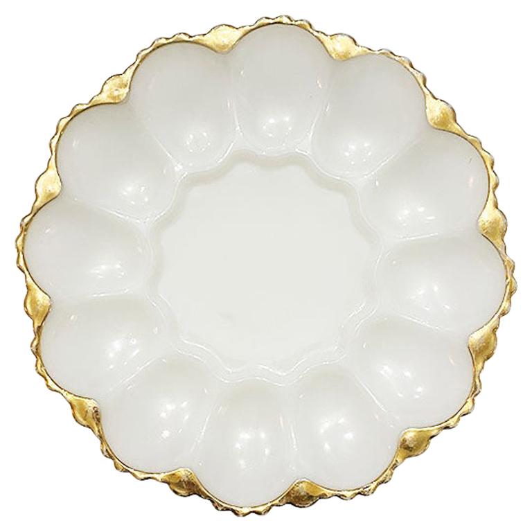 Oyster or Egg White Round Milk Glass Oyster or Egg Serving Dish with Gold Detail