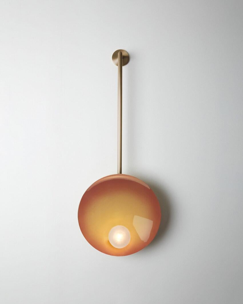 Oyster Peach and Brushed Brass Wall Mounted Lamp With Rod by Carla Baz
Dimensions: D 9 x W 30 x H 78 cm.
Materials: Brushed brass.
Weight: 2 kg.

Available in verdigris, brushed brass, stainless steel, copper or bronze finishes. Available in