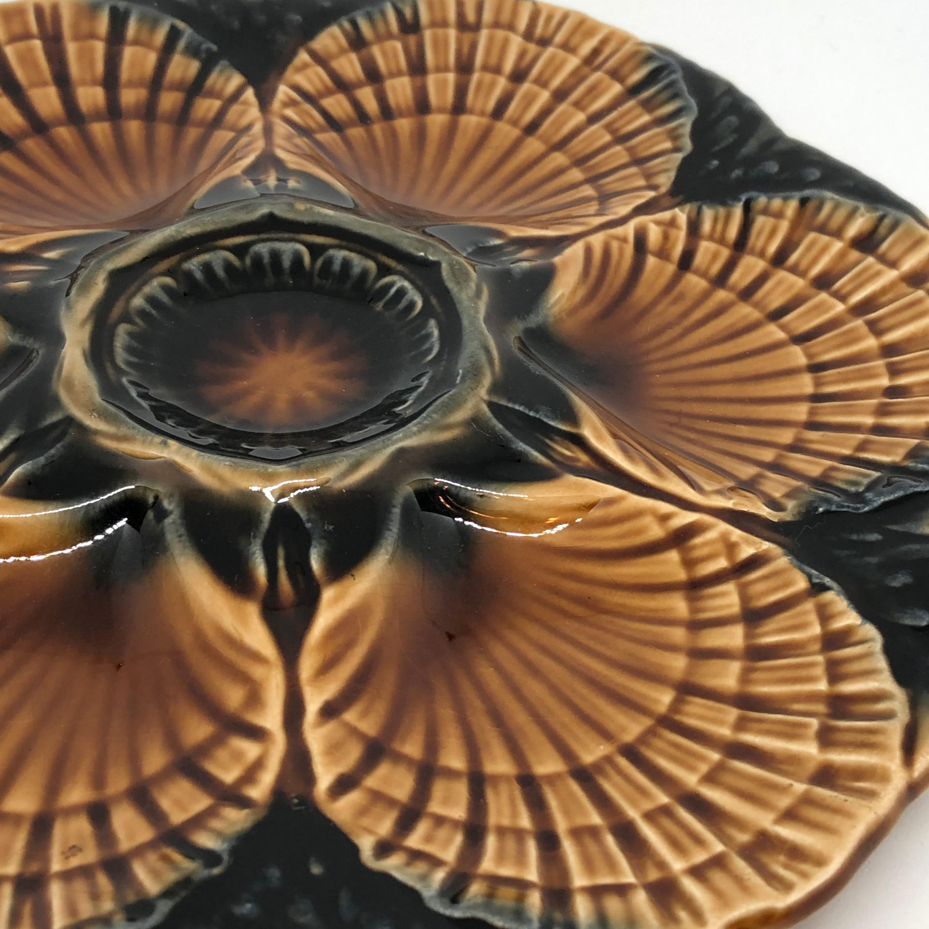 Mid-20th Century Oyster Plate French Vintage Ceramic Faience Sarreguemines, France, 1940s