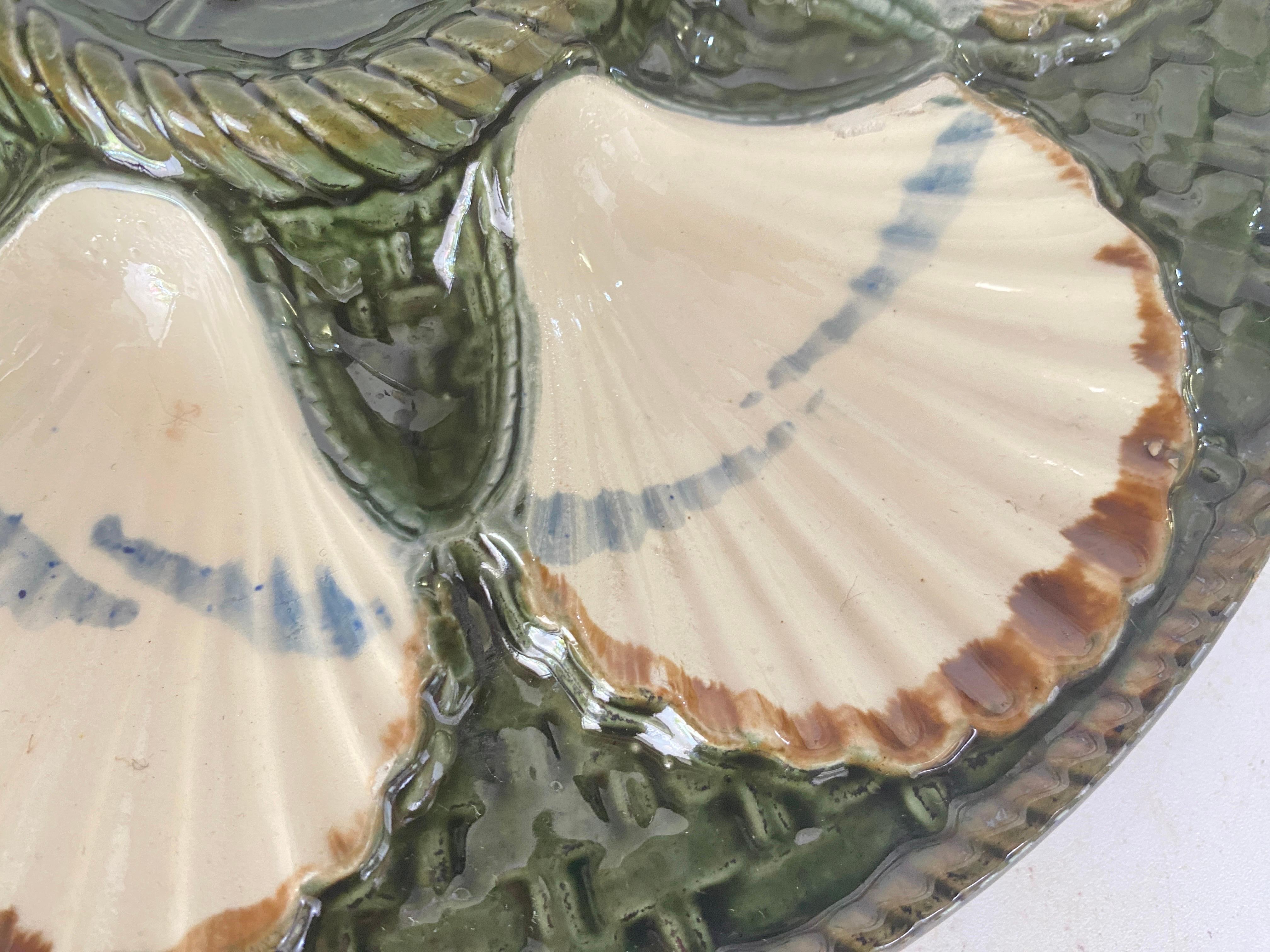 Ceramic Oyster Plate in Majolica Green and White Color 19th Century Longchamp France