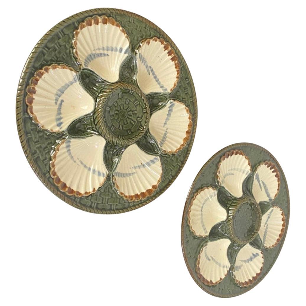Oyster Plate in Majolica Green and White Color 19th Century Longchamp Set of 2 For Sale