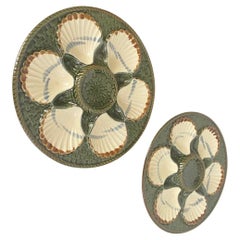 Antique Oyster Plate in Majolica Green and White Color 19th Century Longchamp Set of 2