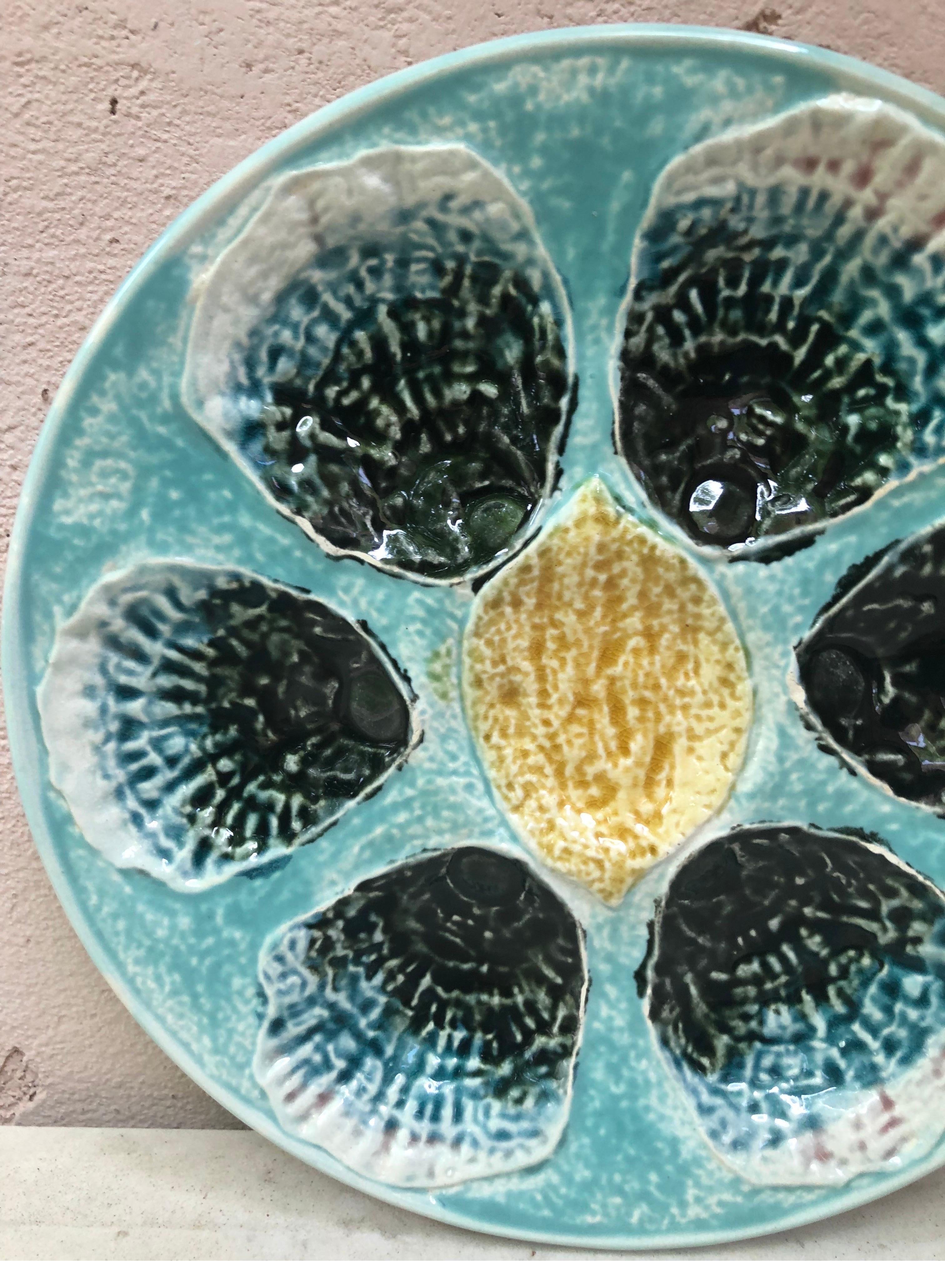 French Majolica oyster plate With lemon, Circa 1890.