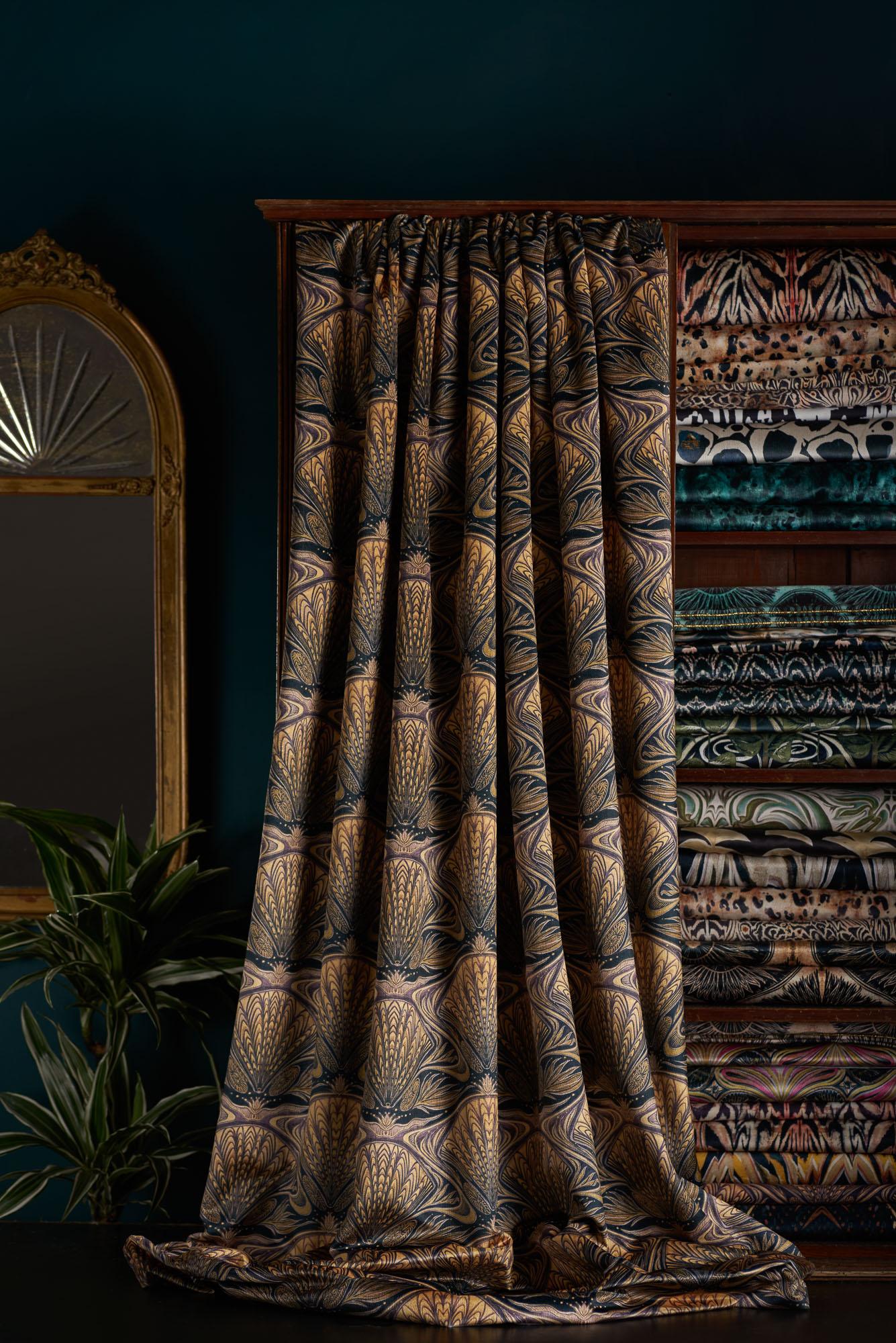 Our Oyster design has Art Nouveau vibes, and is a painted lino cut by Anna, with a detailed and elegant design and a relaxed, luxurious feel. Tones of black, gold and mauve shimmer on our short pile velvet, the perfect base for this deep and