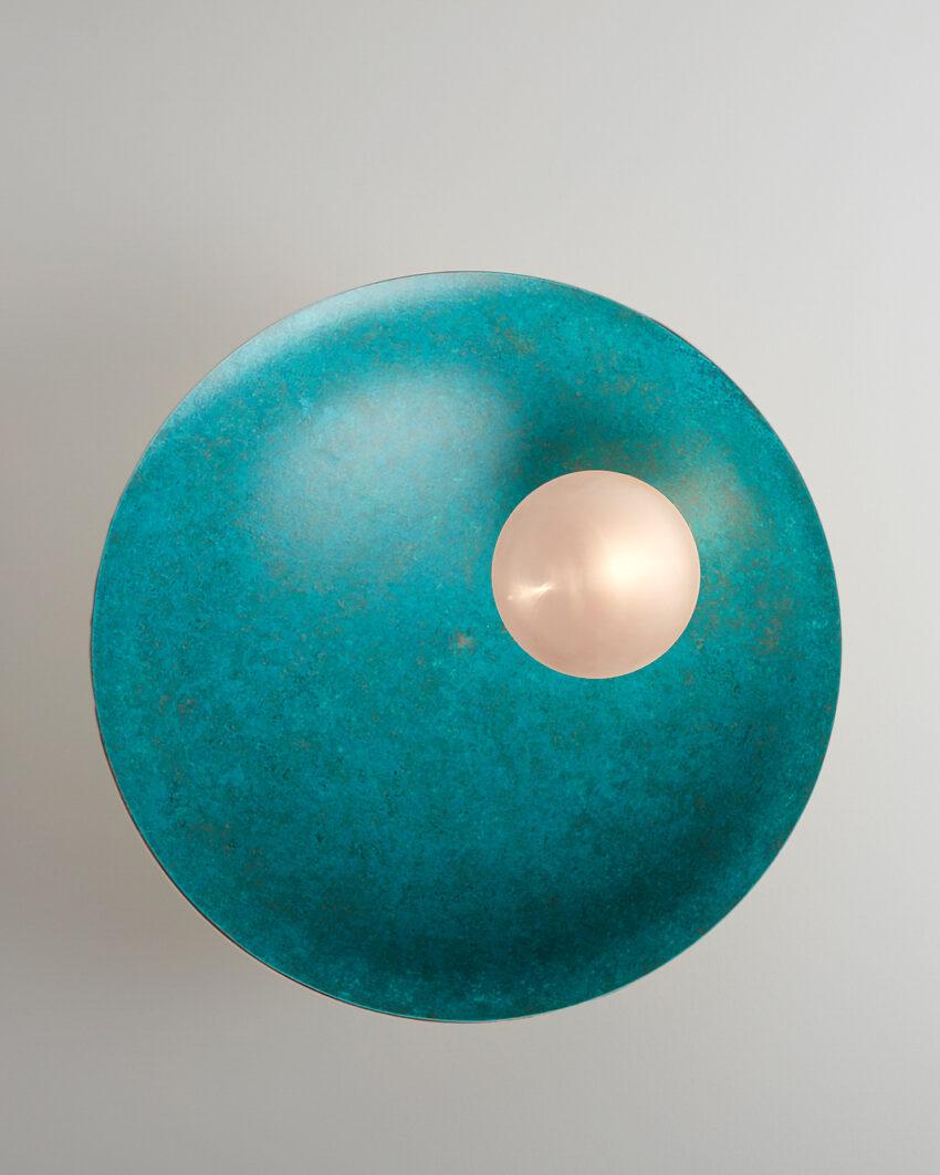 Patinated Elegant Handcrafted Verdigris Finish Ceiling Mounted Lamp Oyster by Carla Baz For Sale