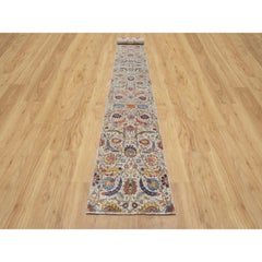 Oyster White Hand Knotted Silk and Wool Sickle Leaf XL Runner Rug 2'7" x 22'1"