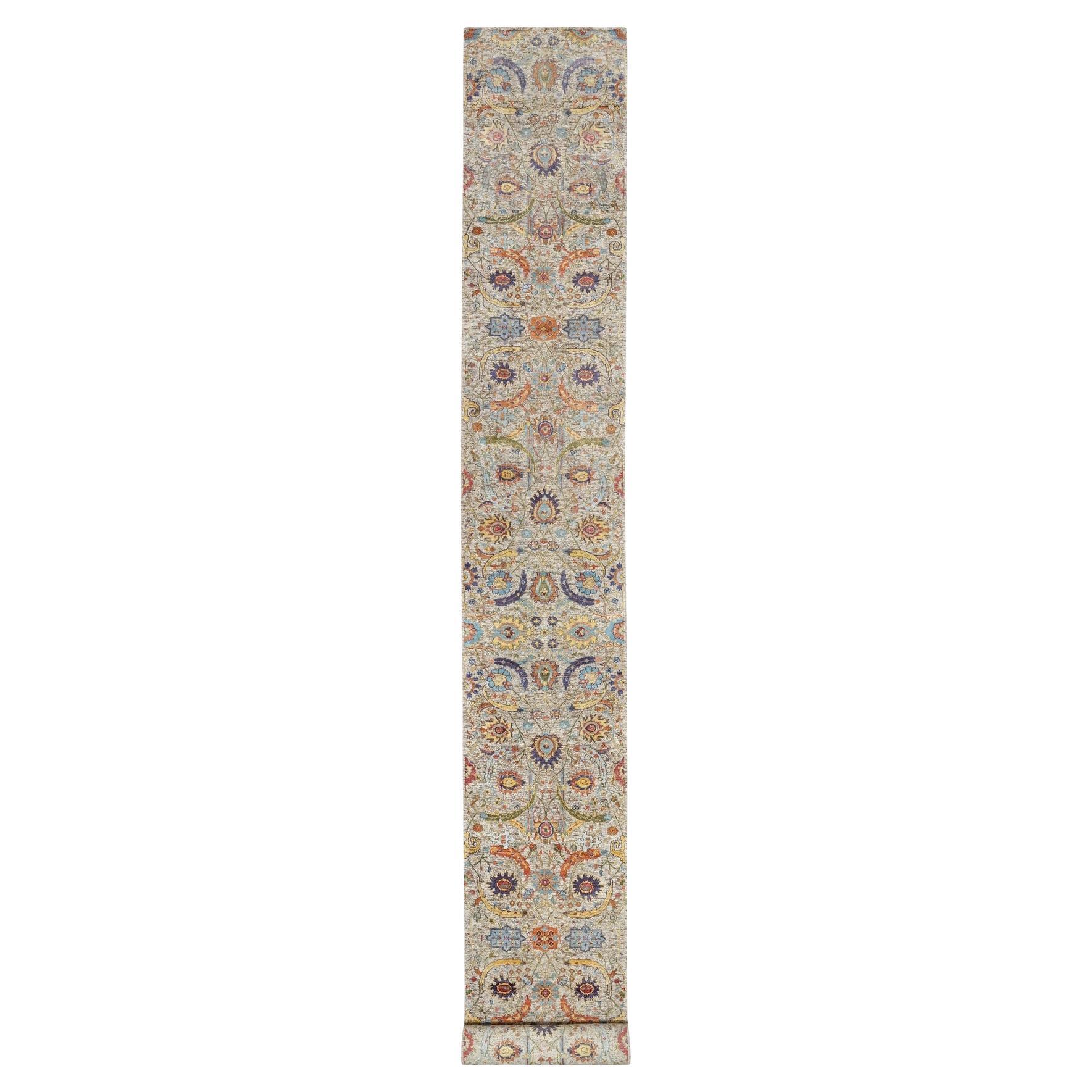 Oyster White Hand Knotted Silk and Wool Sickle Leaf XL Runner Rug 2'7" x 22'1"