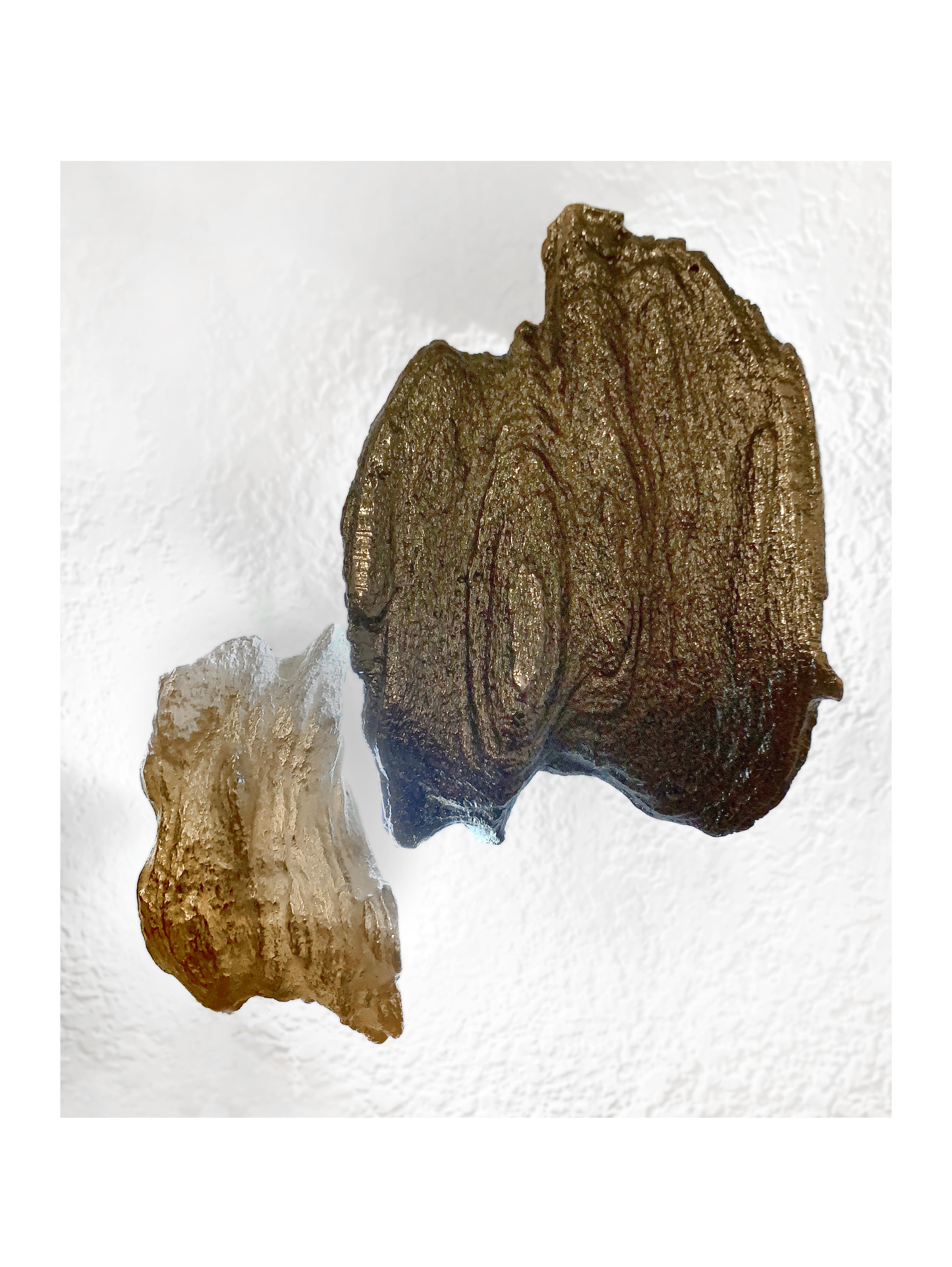 DESERT BURL SERIES (“OYSTERS”)
ILLUMINATED SCULPTURE SCONCES

Black nickel and silver plated bronze, LED lights, 2020, 9 x 11 x 2.5 in. 

The decorative metal plates mount over (2) two electrical boxes set in within the wall. The Jbox has an acrylic
