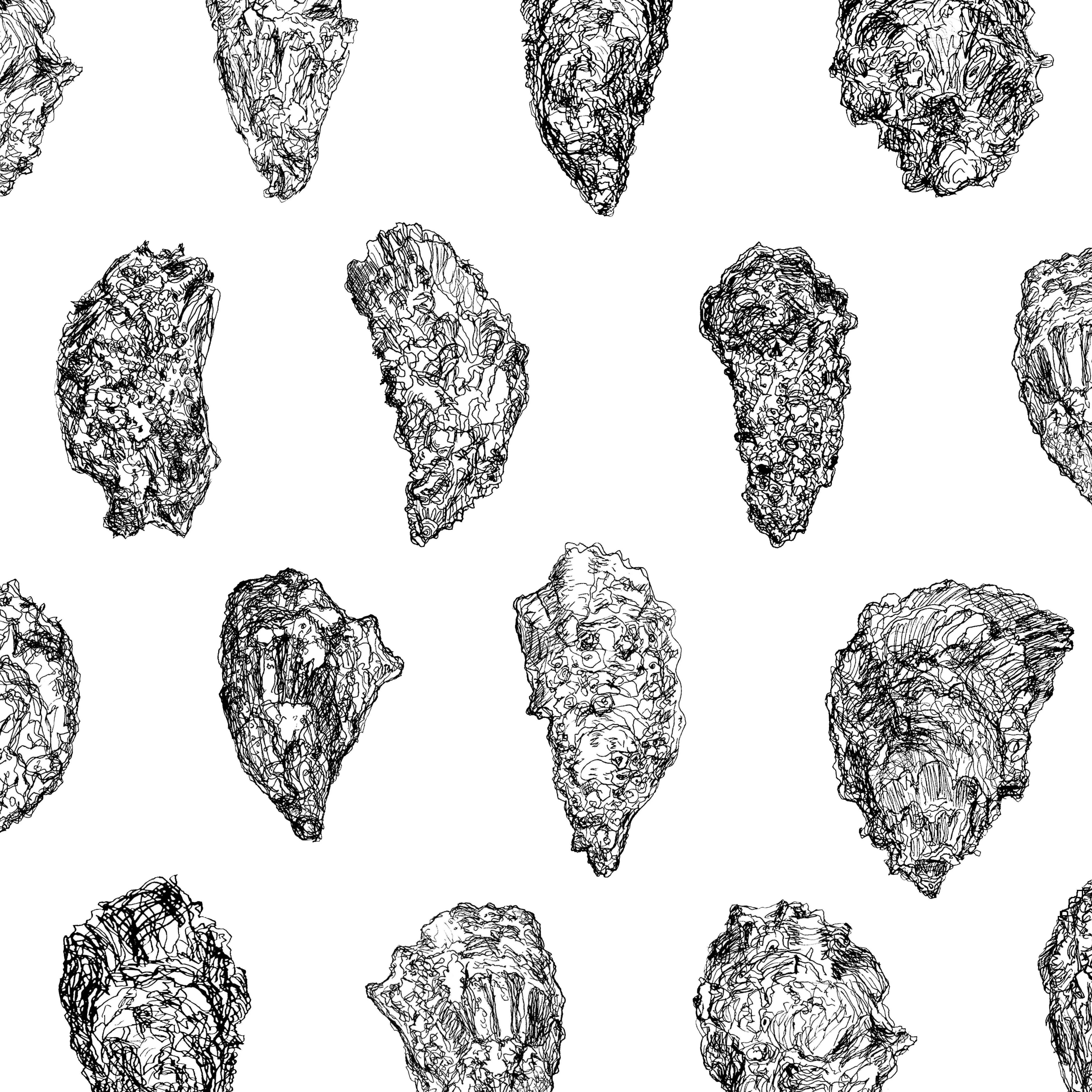 Modern Oysters Wallpaper Black and White on Charcoal on Smooth Paper For Sale