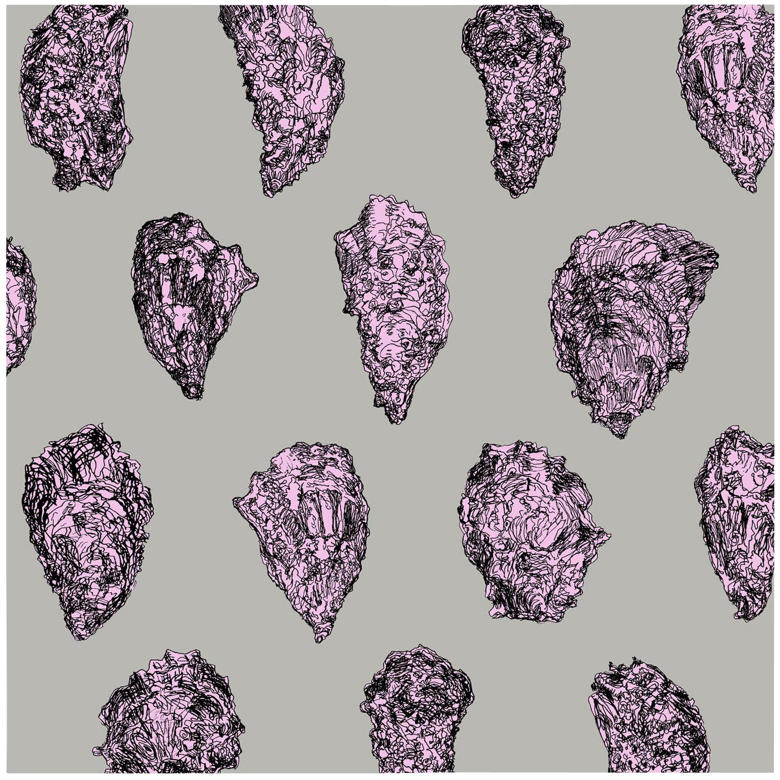 Oysters Wallpaper, Pink on Grey on Smooth Paper For Sale