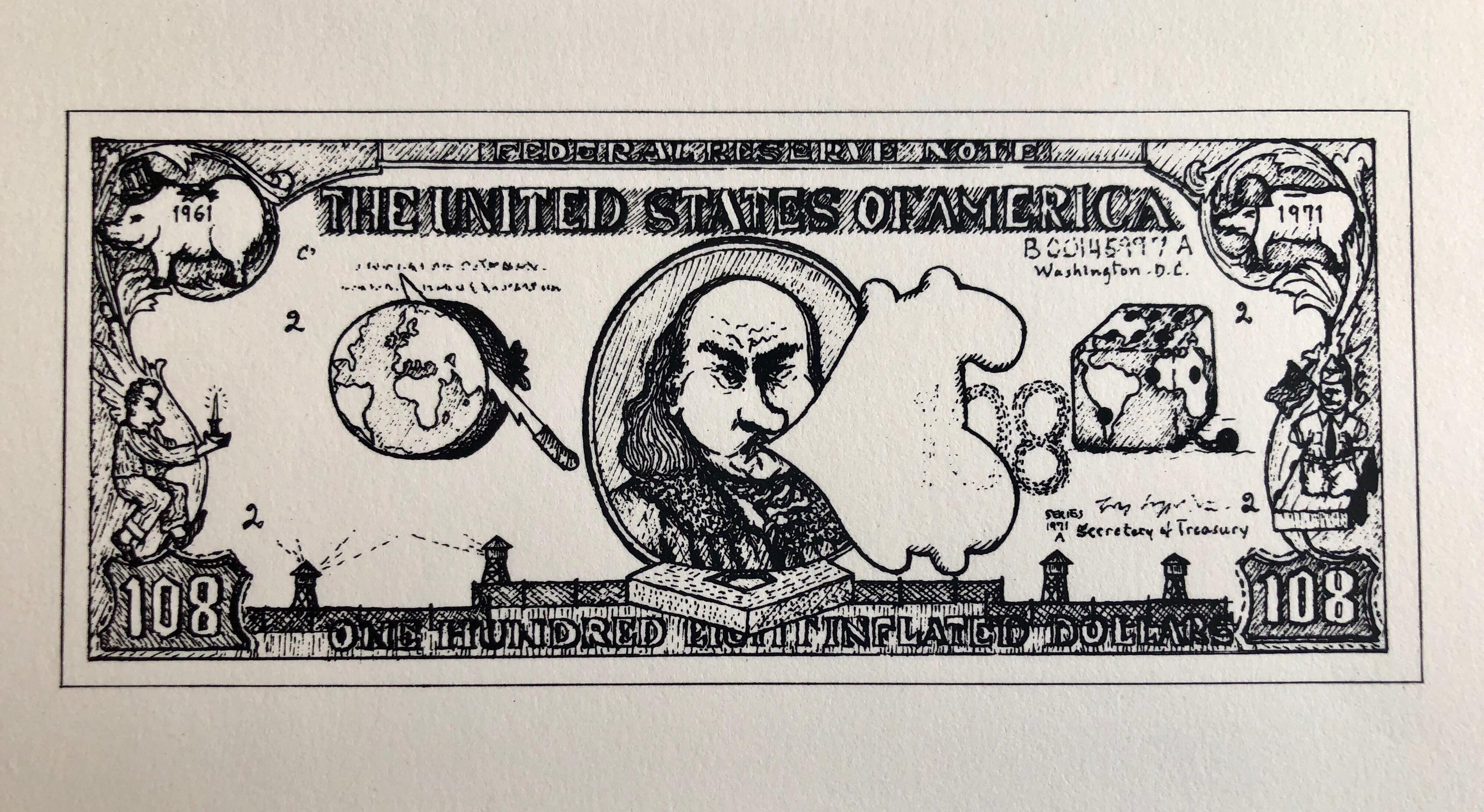 1960er Pop Art Siebdruckdruck 108$ Bill Inflation Handsigniert und nummeriert – Print von Oyvind Fahlstrom