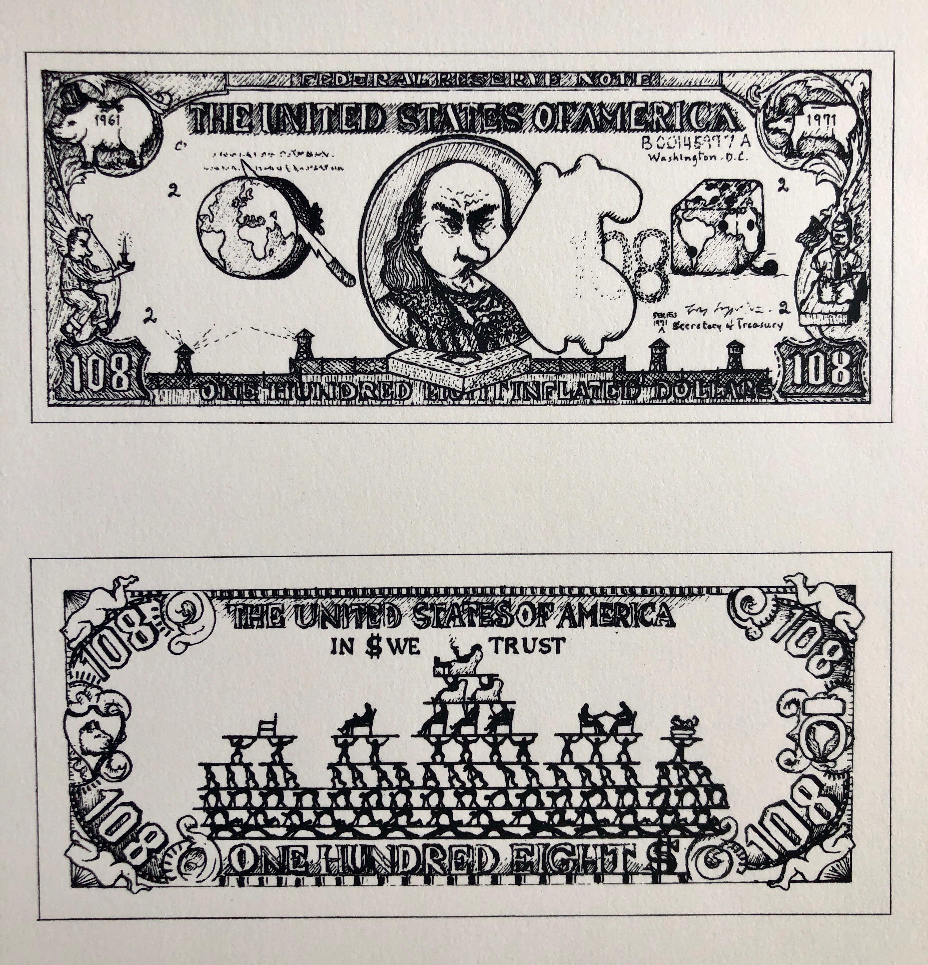 1960er Pop Art Siebdruckdruck 108$ Bill Inflation Handsigniert und nummeriert